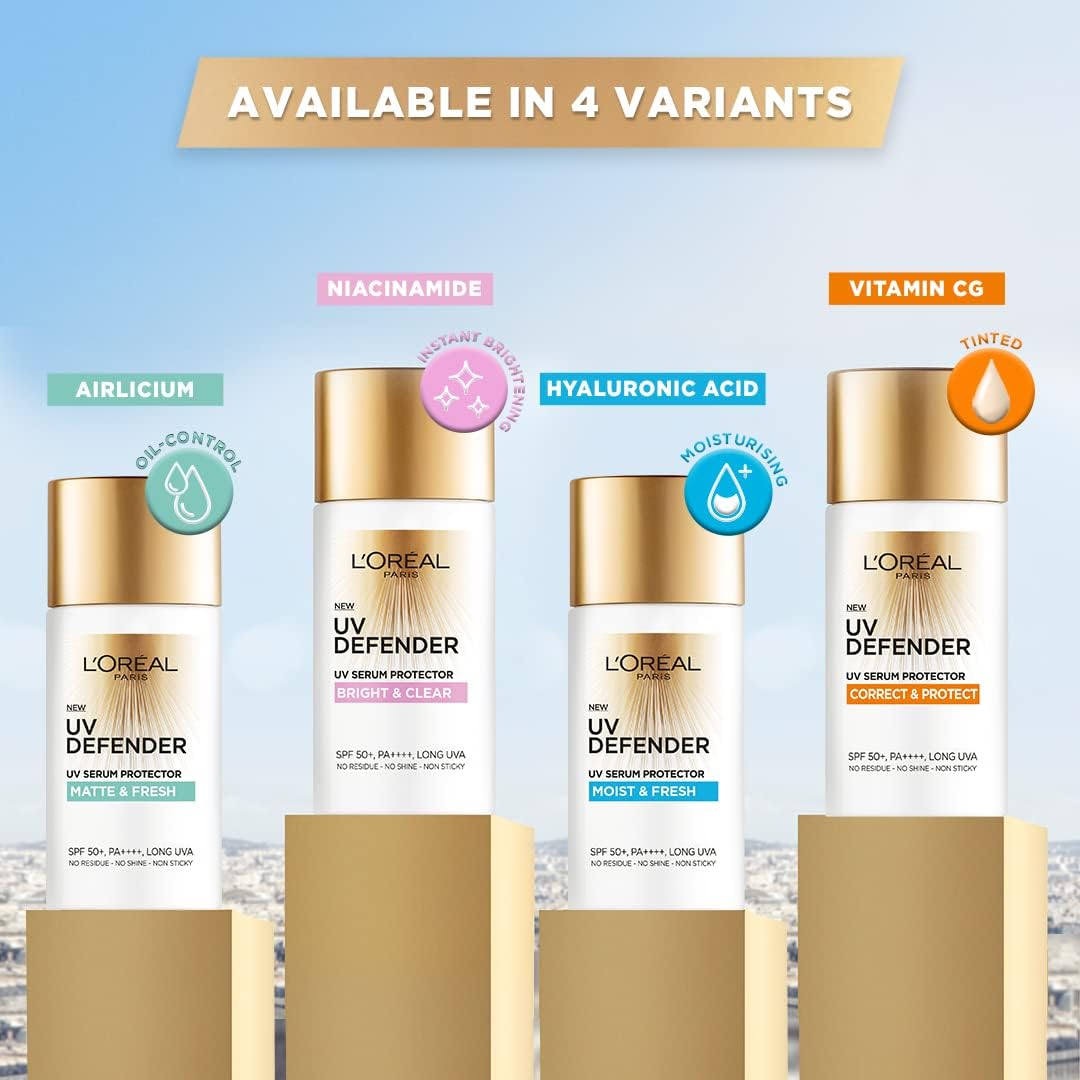 L’Oréal Paris UV Defender Serum Protector Sunscreen SPF 50 PA+++, Matte & Fresh, 50 ml (Pack of 1) ht Matte Sunscreen For Oily Skin | UVA & UVB Protection, 50 ml
