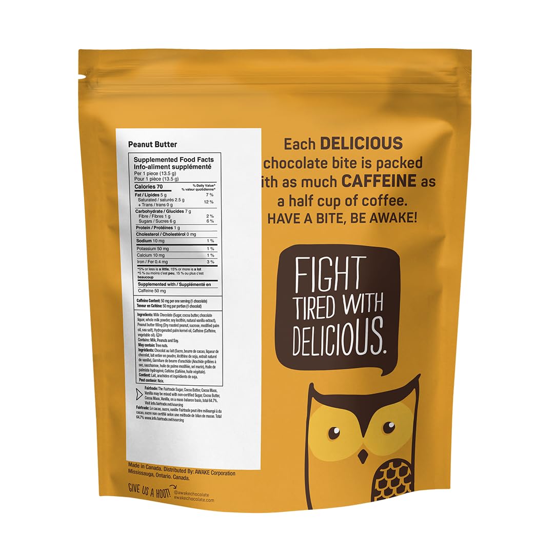AWAKE - Caffeinated Chocolate Bites - Caramel Milk Chocolate, 50 Bites - 50mg Caffeine - Individually Wrapped Energy Bites - Coffee Alternative - Fairtrade, Gluten Free, Non GMO - 0.48oz