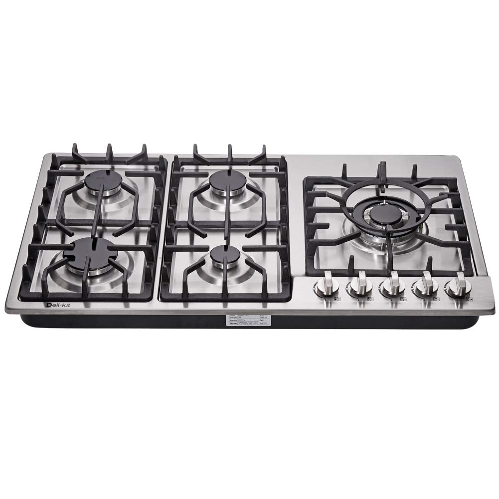 Deli-kit 34 Inch Gas Cooktop Dual Fuel Sealed 5 Burners Stainless Steel Drop-In Gas Hob DK258-A08 Gas Cooker