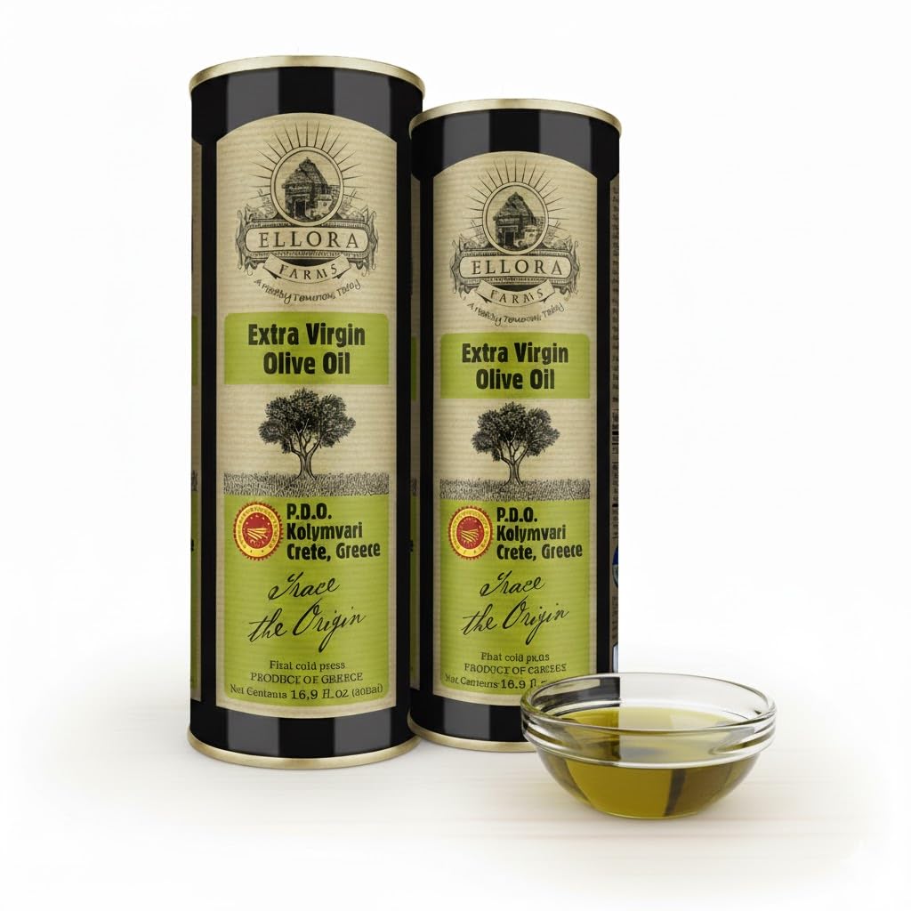 Ellora Farms Olive Oil Extra Virgin, Certified Single Estate PDO, Polyphenol Rich Extra Virgin Olive Oil Cold Pressed & Traceable, Global Gold Awards EVOO, Kosher, Crete, Greece 33.8 Fl oz (1 Ltr)