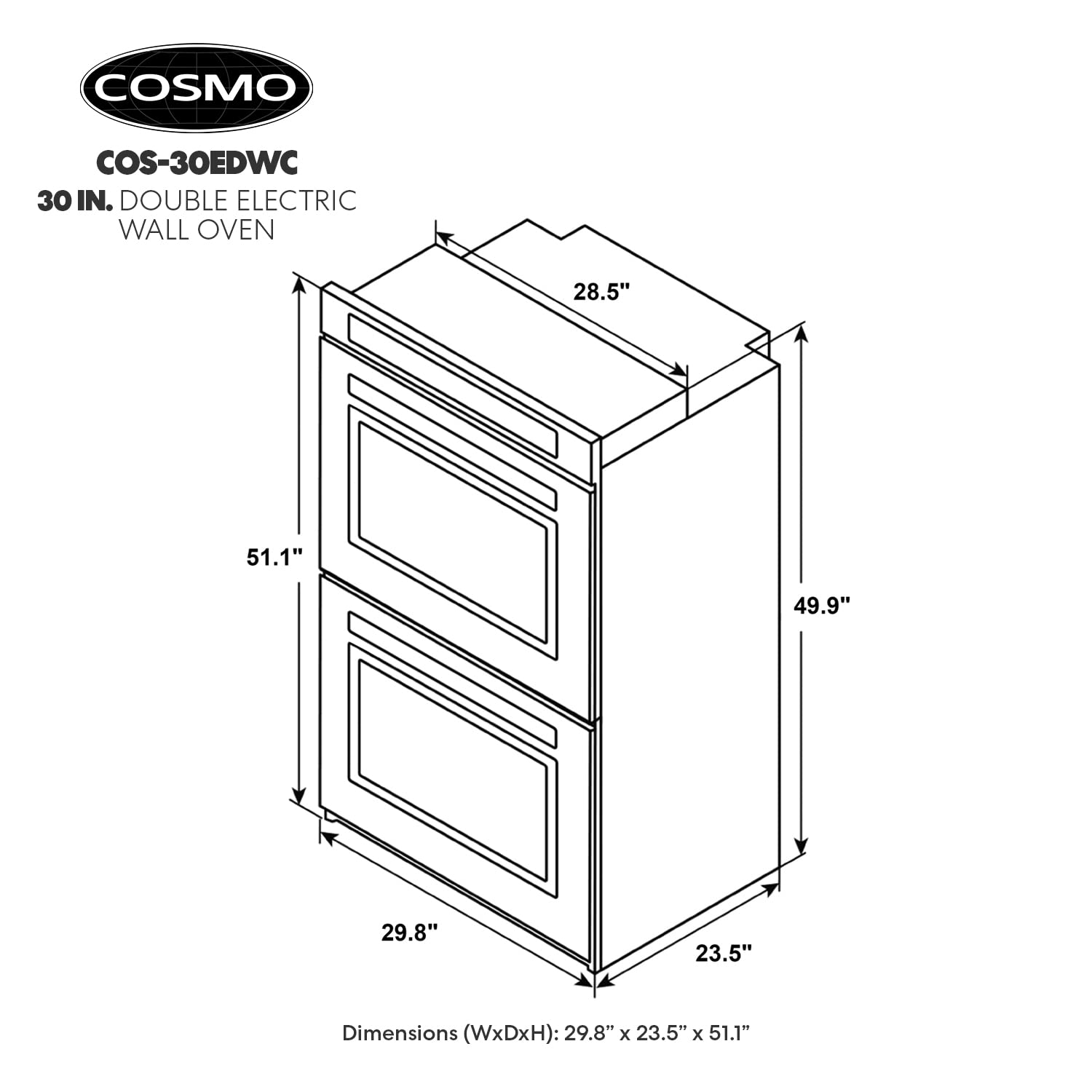 COSMO COS-30EDWC 30 in. Haven Collection Double Electric Wall Oven, True Convection, Blue Porcelain, Self Cleaning in Stainless Steel
