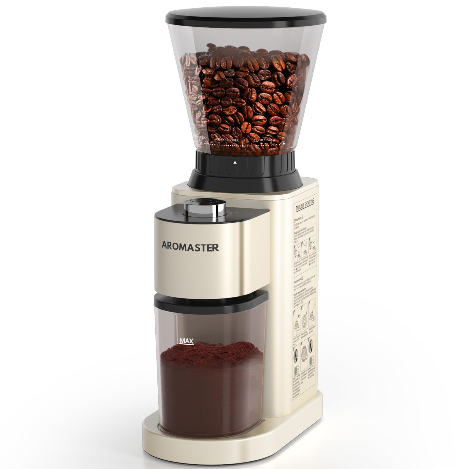 Aromaster Coffee Bean Grinder with 48 Gind Settings, Conical Burr Coffee Grinder for Home Use,Stainless Steel,40 Seconds Adjustable Timer,Anti-static,Easy to Clean with Brush,Black
