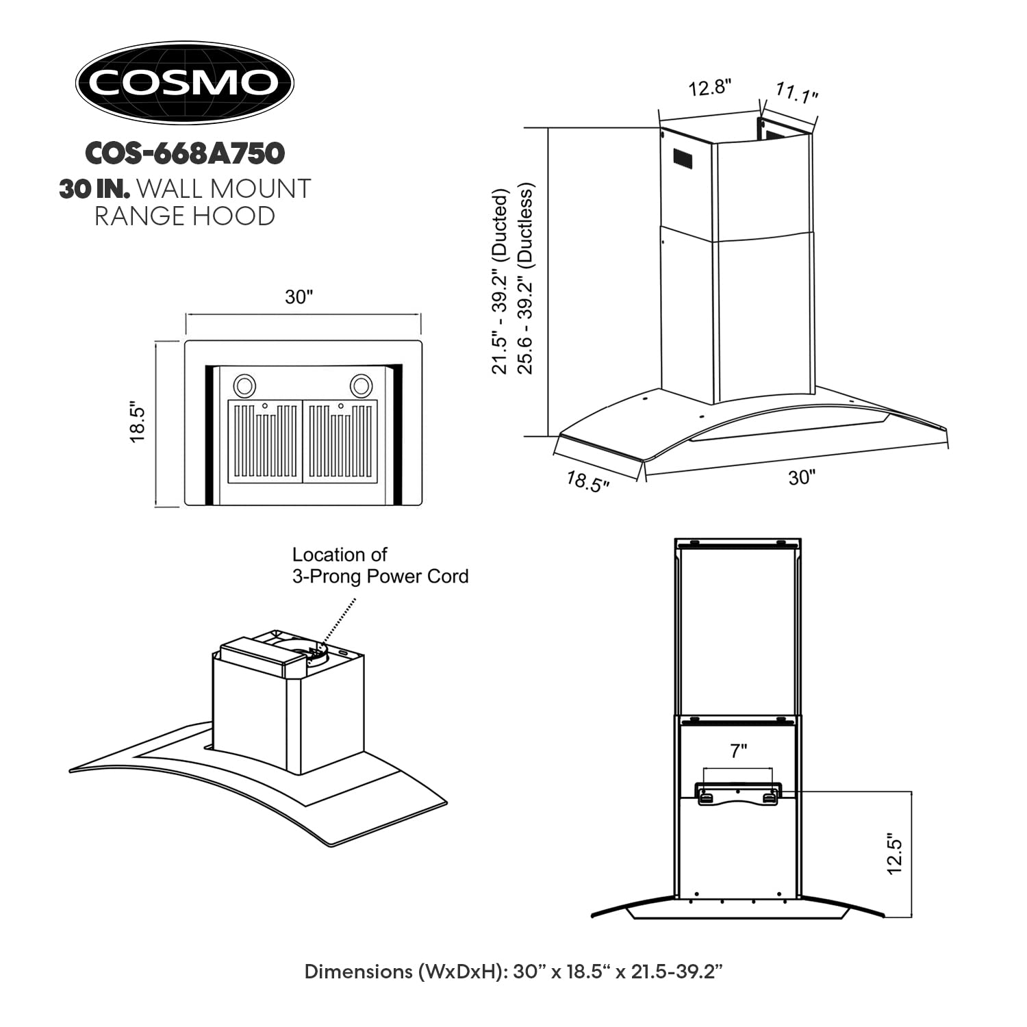 COSMO COS-668AS750 30 in. Vista Collection 380 CFM Ducted Wall Mount Range Hood, Touch Controls, LED Lights, Stainless Steel
