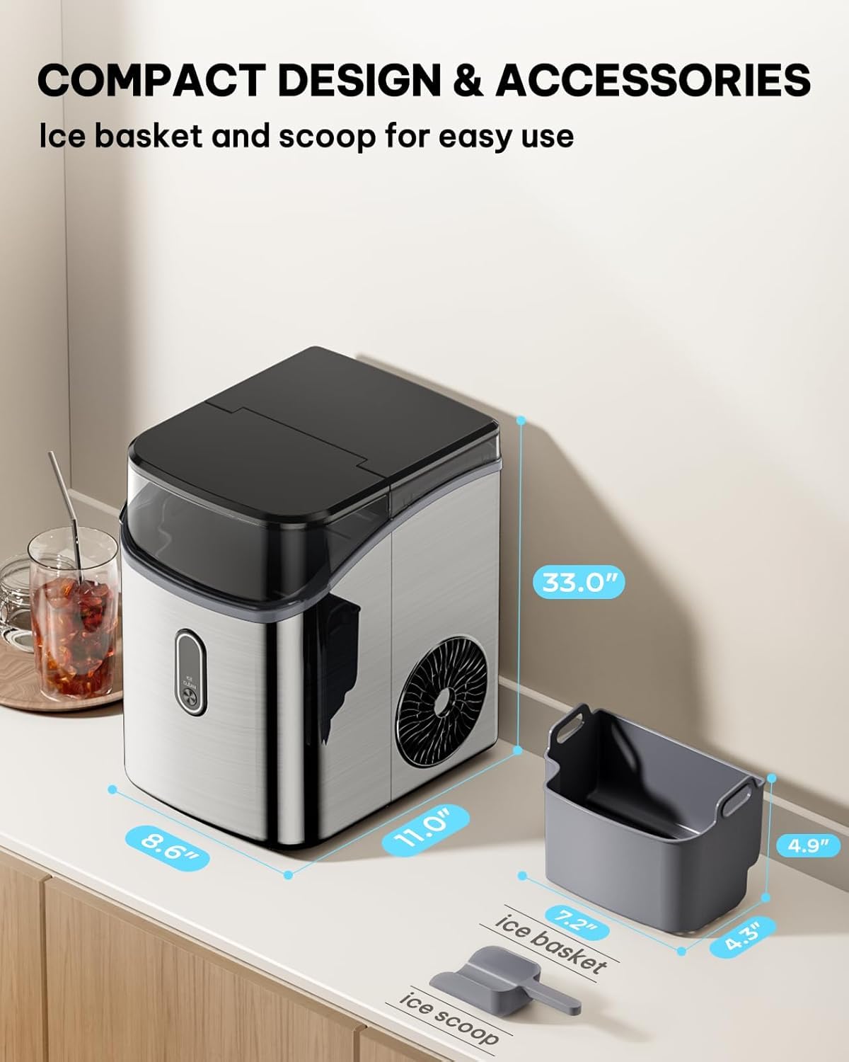 Silonn Ice Maker Countertop, Portable Ice Machine with Carry Handle, Self-Cleaning Ice Makers with Basket and Scoop, 9 Cubes in 6 Mins, 26 lbs per Day, Ideal for Home, Kitchen, Camping, RV