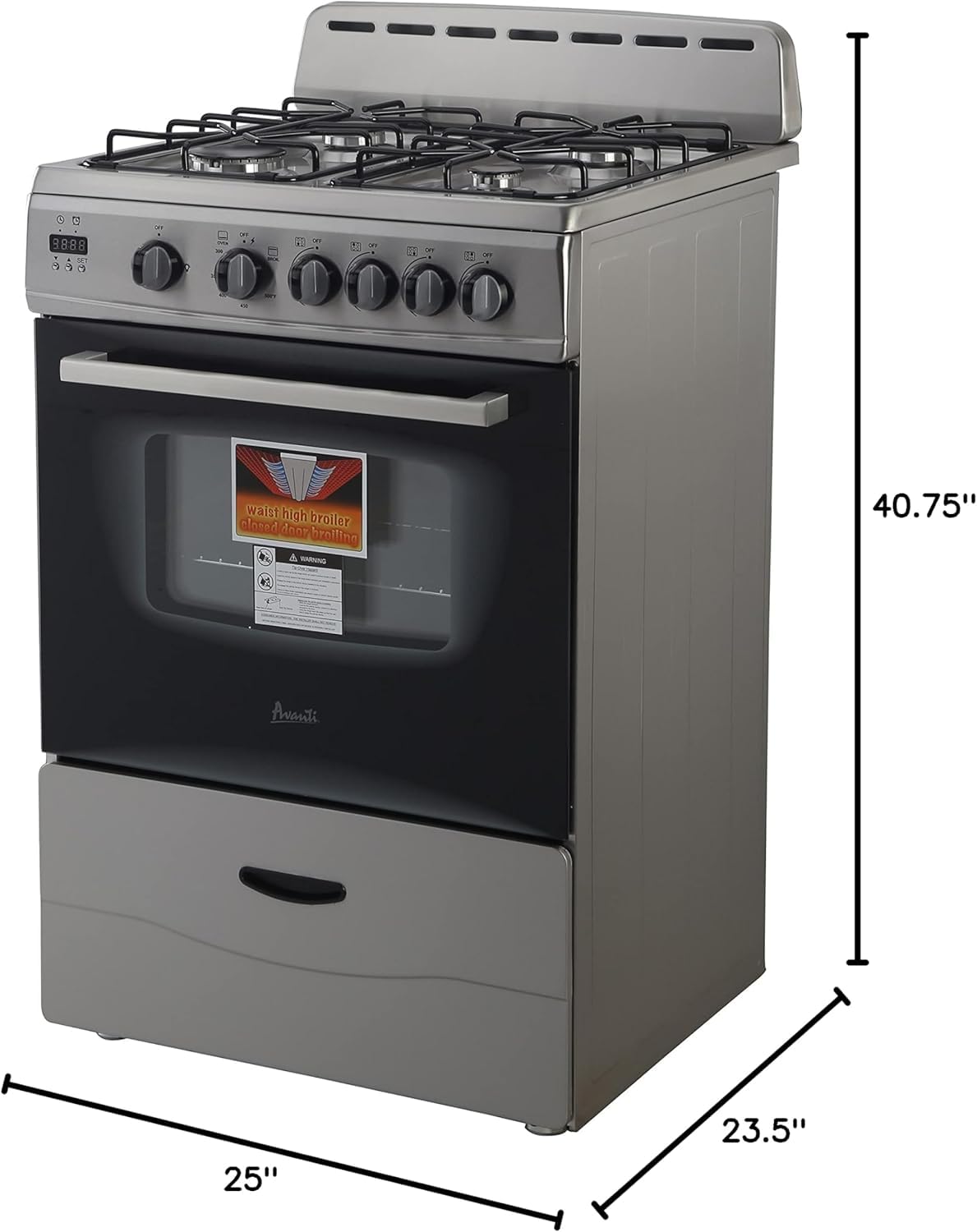 Avanti Compact Gas Range Oven 24-Inch with 4 Sealed Burners Automatic Electronic Ignition Large 2.6 cu.ft. Oven Storage Drawer Glass Door and Oven Light, in Stainless Steel