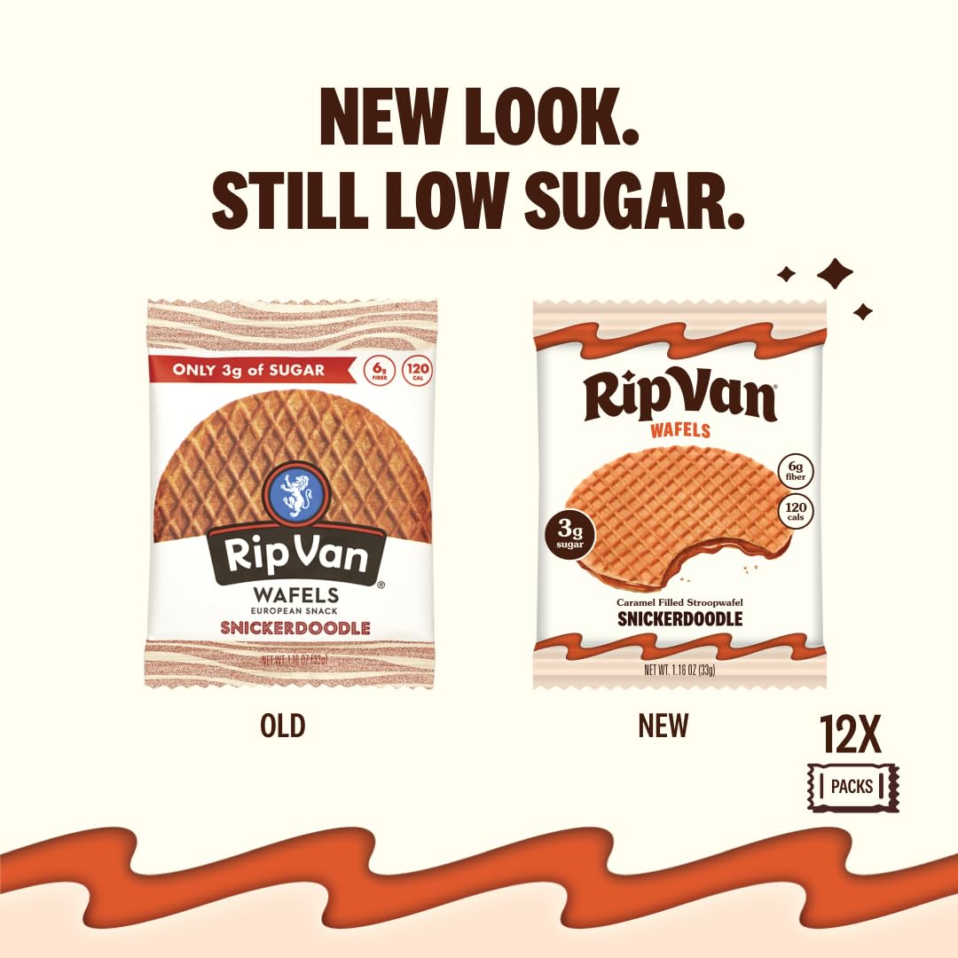 Rip Van Wafels Snickerdoodle Stroopwafels, Healthy Snacks, Non-GMO, Keto Friendly, Office Snacks, Low Sugar (3g), Low Calorie, 12 Pack