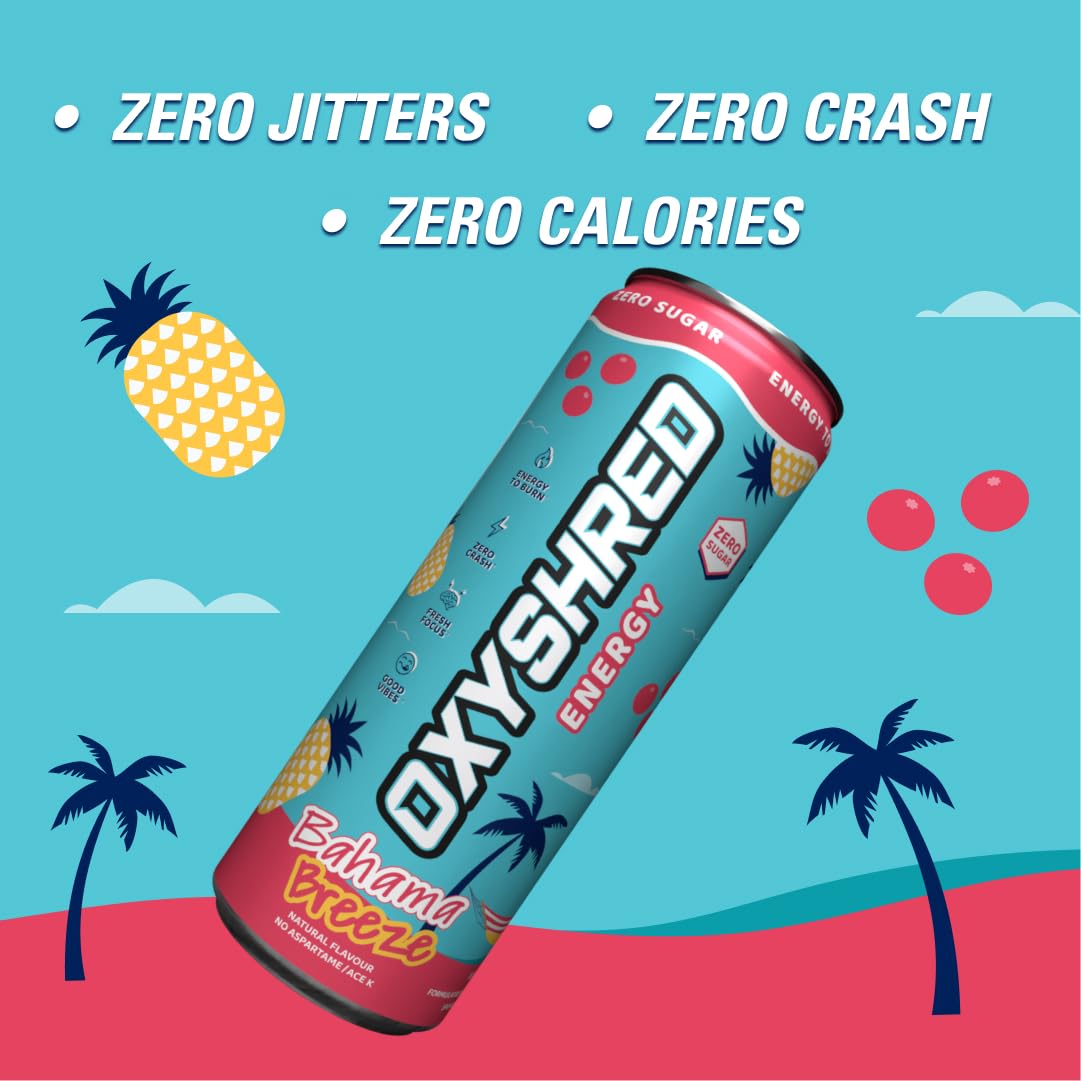 EHP Labs OxyShred Healthy Energy Drink - Zero Sugar Energy Drinks with Amino Acids, Green Tea Extract, Vitamin C & L Carnitine - Zero Carbs, Zero Calories, Clean Caffeine, Bahama Breeze (12-Pack)