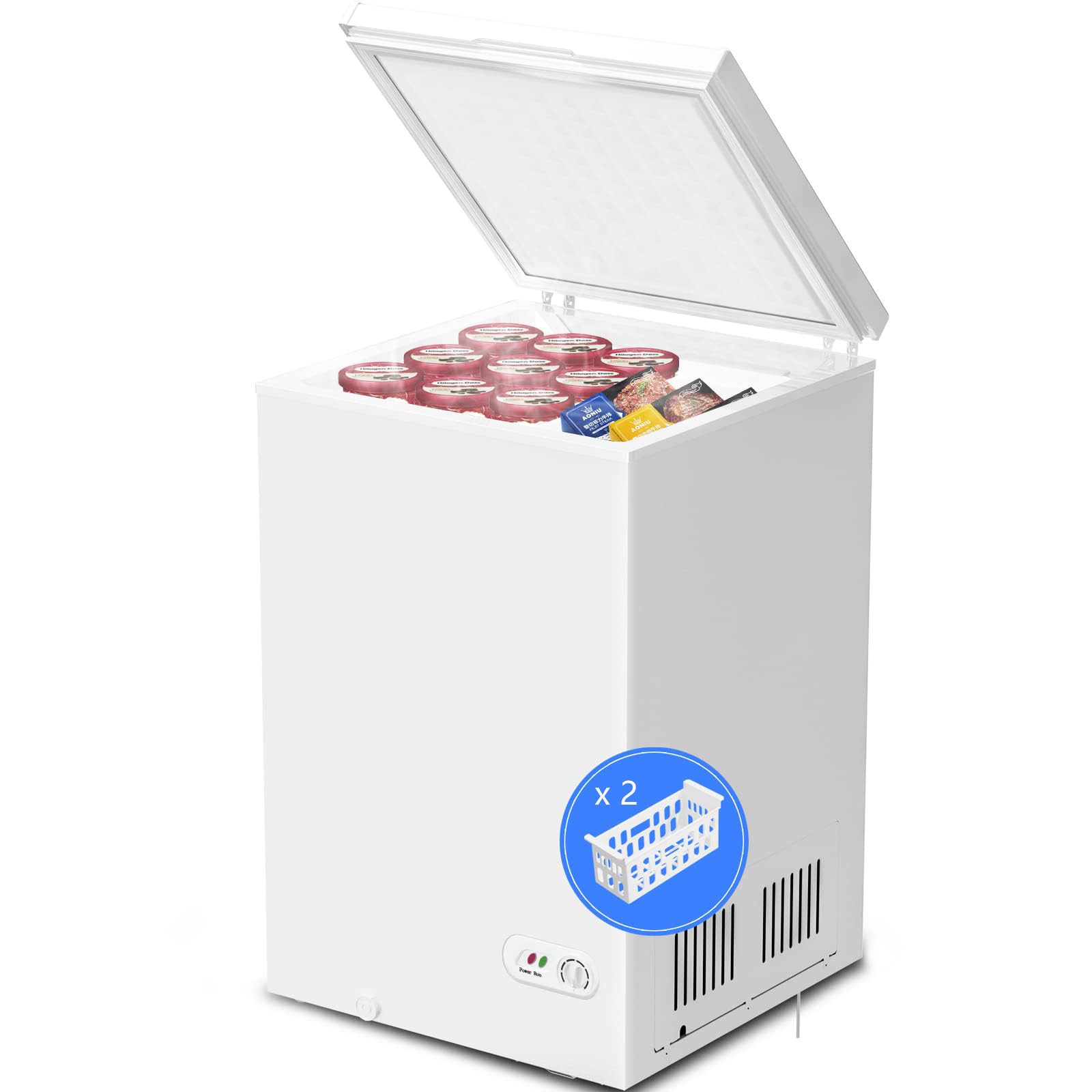 Kismile 2.8 Cubic Feet Chest Freezer with 2 Removable Basket Free Standing Top Open Door Compact Freezer with Adjustable Temperature for Home/Kitchen/Office/Bar