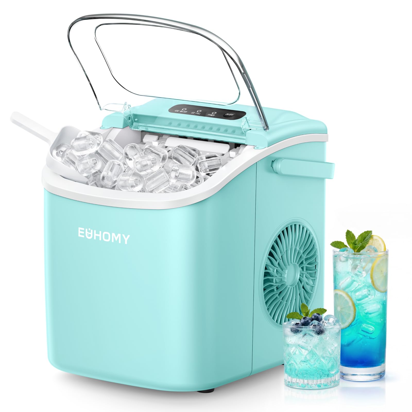 EUHOMY Countertop Ice Maker Machine with Handle, 26lbs in 24Hrs, 9 Ice Cubes Ready in 6 Mins, Auto-Cleaning Portable Ice Maker with Basket and Scoop, for Home/Kitchen/Camping/RV. (Black)
