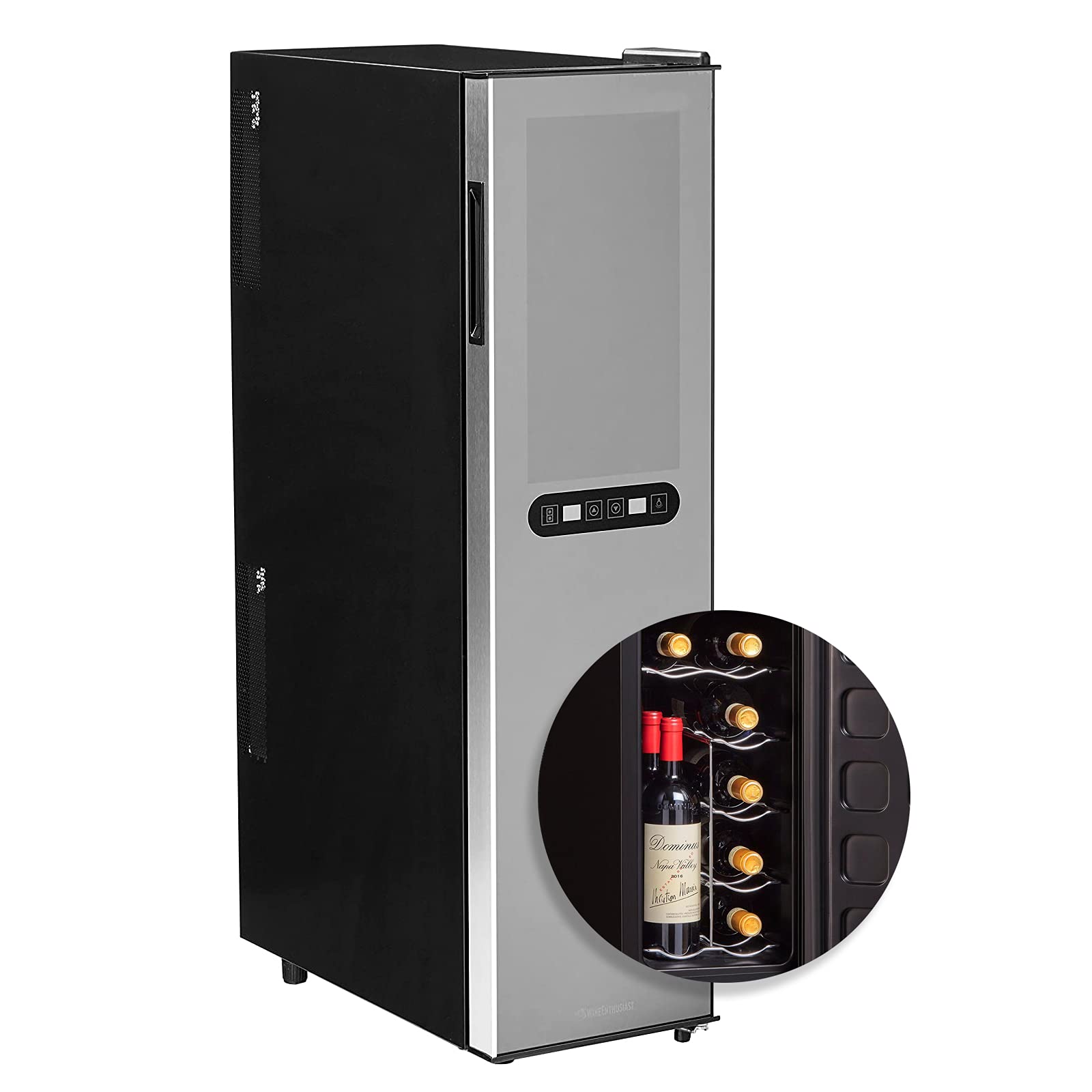 Wine Enthusiast 18-Bottle Slimline Dual Zone Wine Cooler - Energy Efficient Freestanding Wine Refrigerator - Upright Bottle Storage, Adjustable Thermostat, Digital Touchscreen (20.5” x 10.7" x 36.8”)