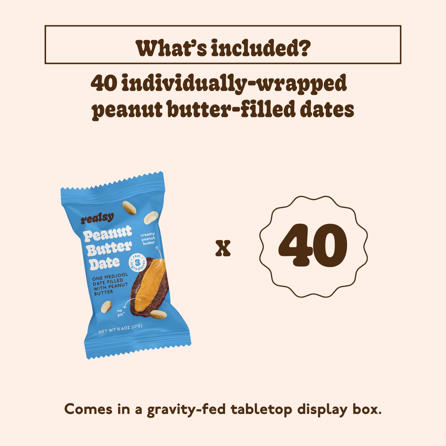 Realsy Stuffed Medjool Dates, Organic Dates with No Sugar Added, Gluten-Free, Vegan, All Natural Healthy Snack, Single Wrapped (40 ct) (Peanut Butter)