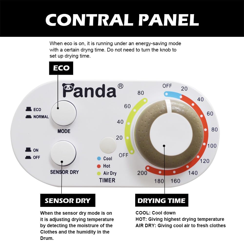 Panda Compact Dryer 13.2 lbs Load Volume 110V 1500W Portable Clothes Dryer 3.5 cu.ft. Stainless Steel Tub, 4 Drying Modes