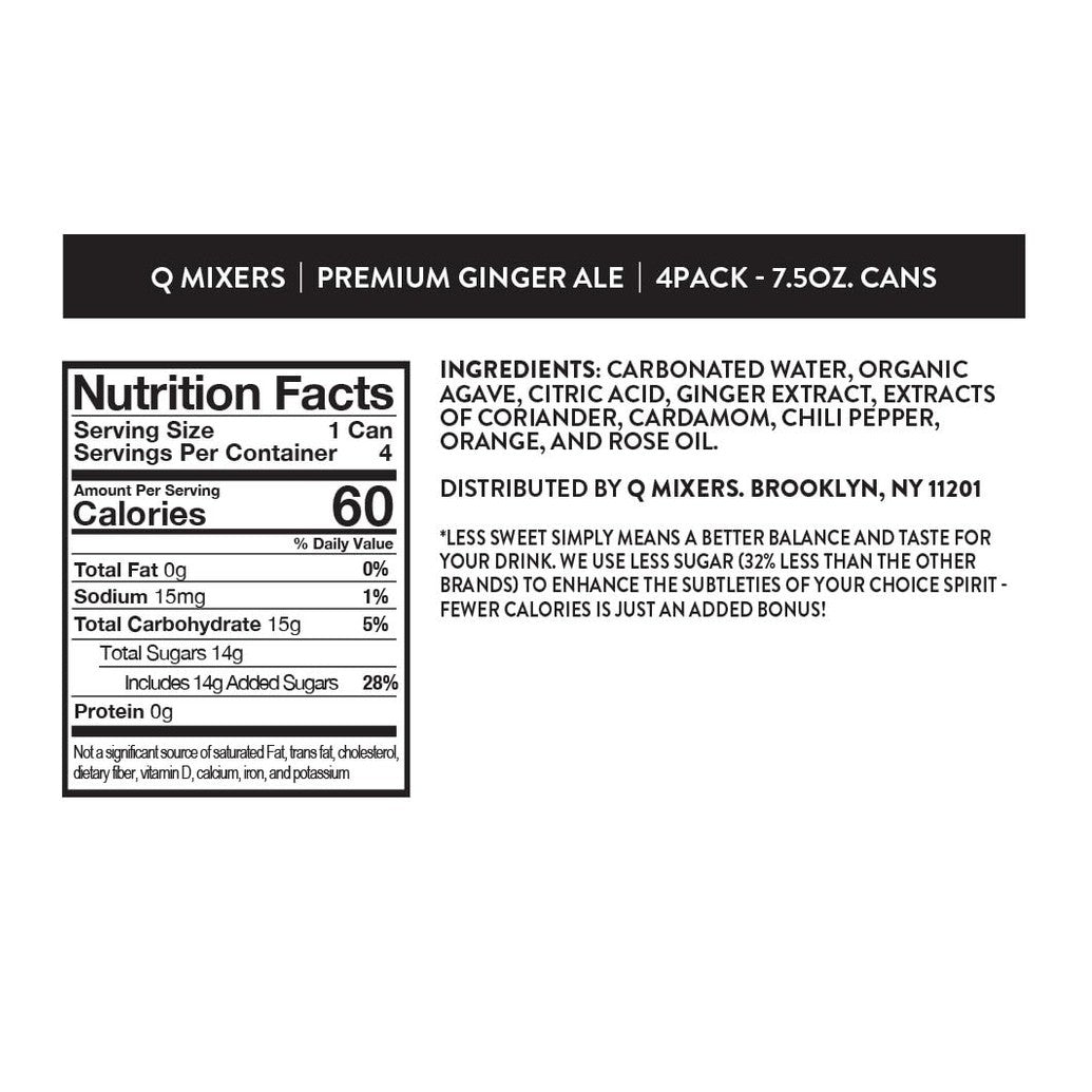 Q GINGER ALE with Real Ginger & Organic Agave - Ideal for Cocktails & Mocktails - Made with Real Ingredients, Perfectly Carbonated, & Less Sweet - 60 Calories per Can - 7.5 Fl oz Cans (Pack of 24)
