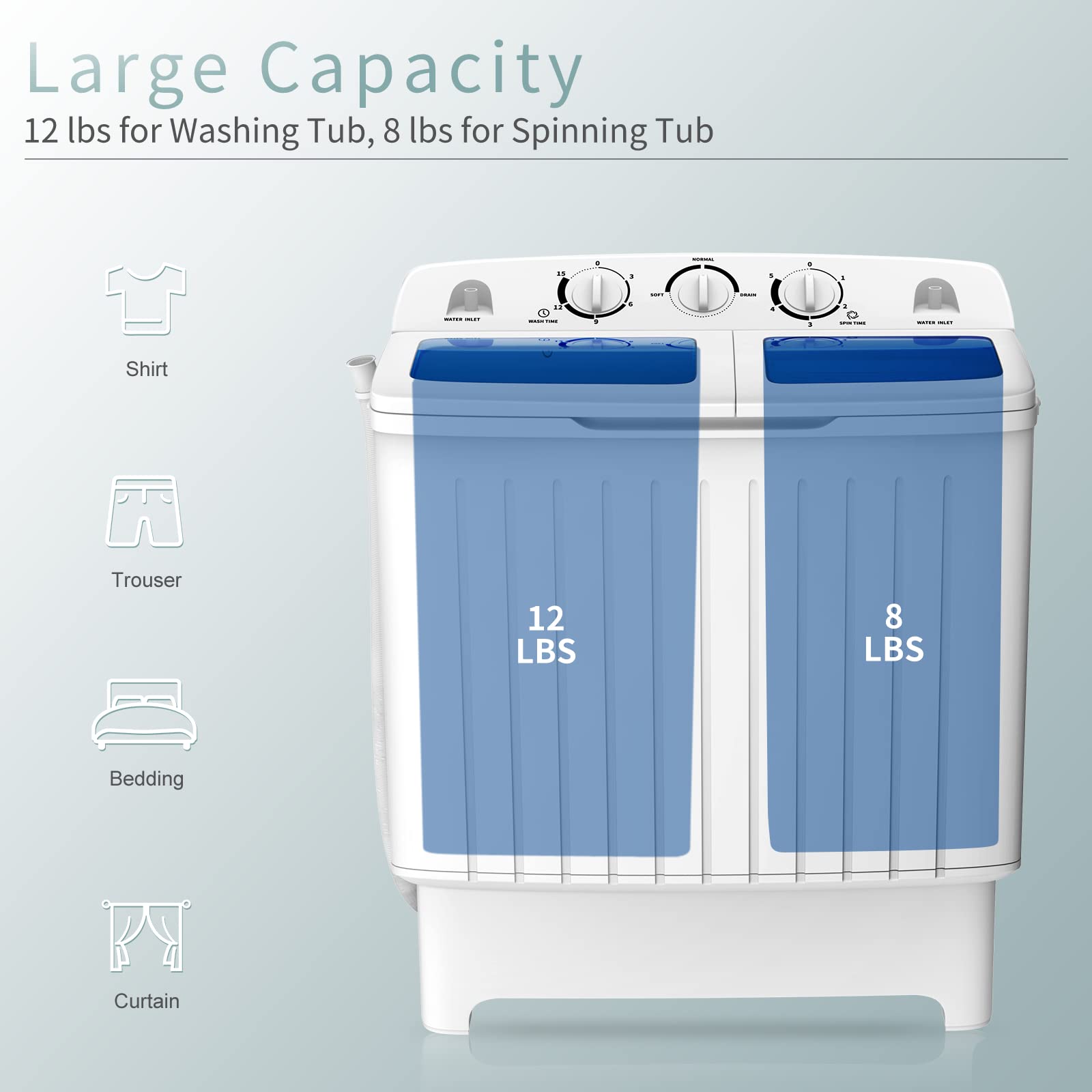 COSTWAY Portable Washing Machine, Twin Tub 20 Lbs Capacity, Compact Laundry Washer(12 Lbs) and Spinner(8 Lbs), Durable Design, Timer Control, Perfect for RV, Apartments and Dorms, Blue+White