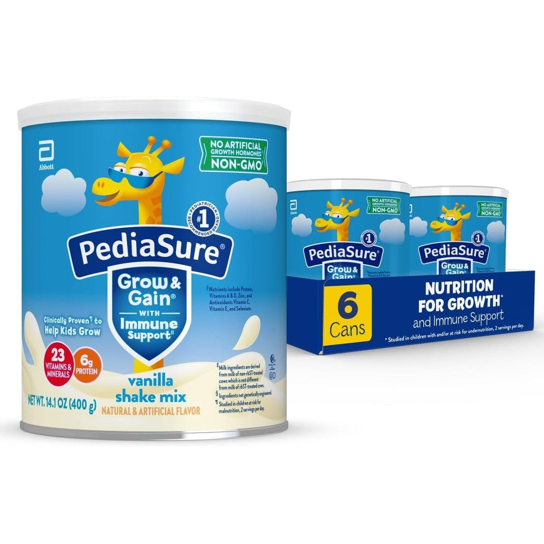 PediaSure Grow & Gain with Immune Support Shake Mix Powder, 23 Vitamins & Minerals, 6g Protein, Non-GMO, Gluten-Free, Kids Nutrition, Vanilla, 14.1 oz Can, Pack of 6-48 servings