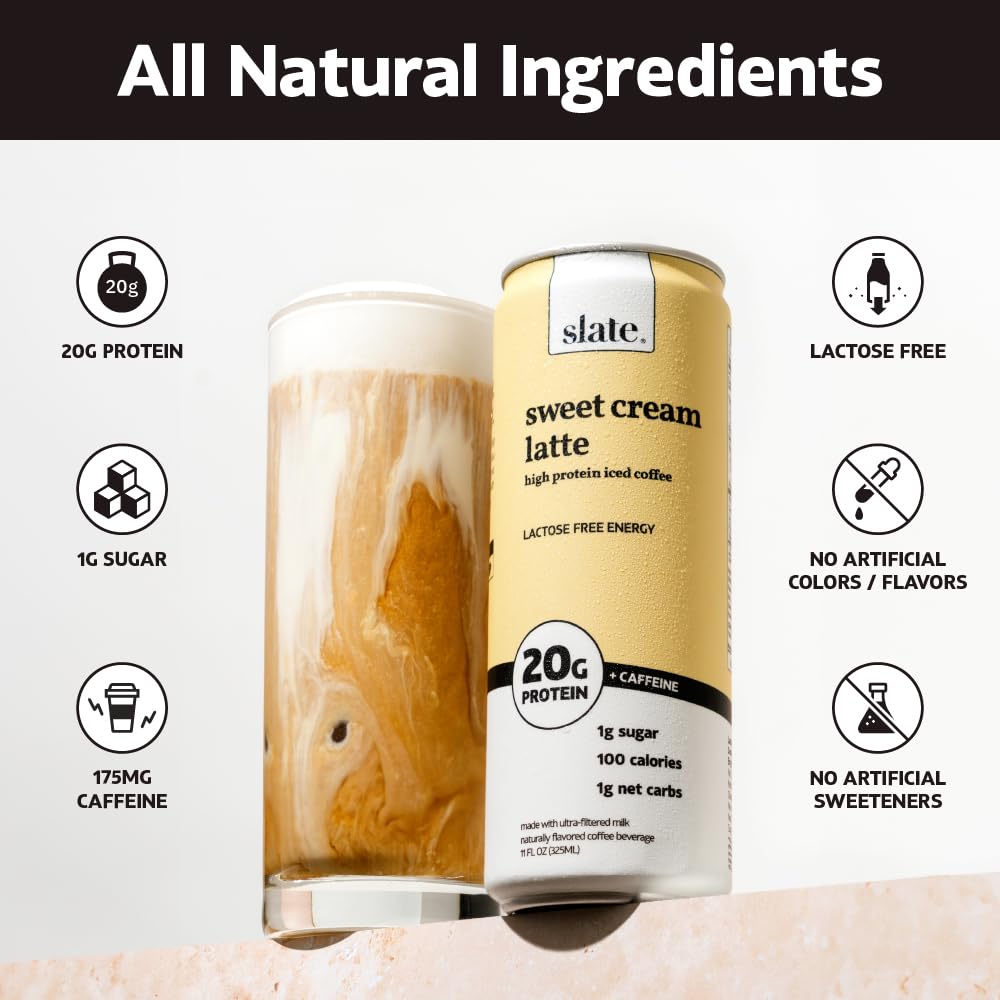 Slate Milk - High Protein Milk Shake - French Vanilla - Lactose Free, 20g Protein, 1g Sugar, 100 Calories, 1g Net Carbs, No Added Sugar - Natural, Breakfast Boost, Post Workout - 11 fl oz, 12 Cans