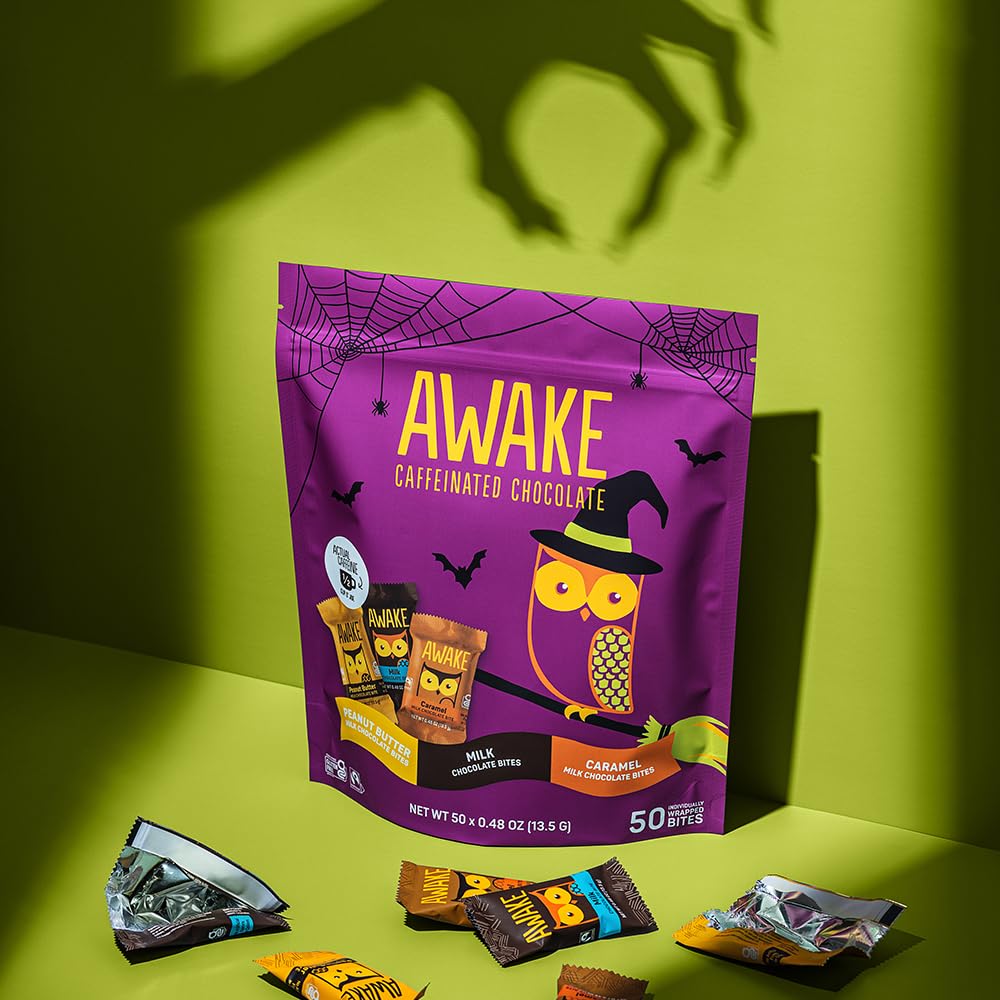 AWAKE - Caffeinated Chocolate Bites - Caramel Milk Chocolate, 50 Bites - 50mg Caffeine - Individually Wrapped Energy Bites - Coffee Alternative - Fairtrade, Gluten Free, Non GMO - 0.48oz