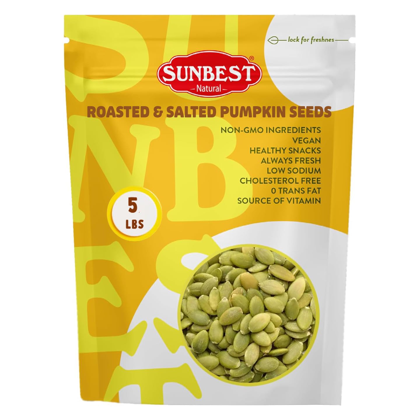 Sunbest Natural Roasted Pumpkin Seeds – 5 lb Bulk Bag – Shelled Pumpkin Seeds, Roasted Salted Pepitas – Fresh, Nutrient-Rich, Non-GMO, Vegan, Kosher – Perfect for Snacking, Cooking & Baking