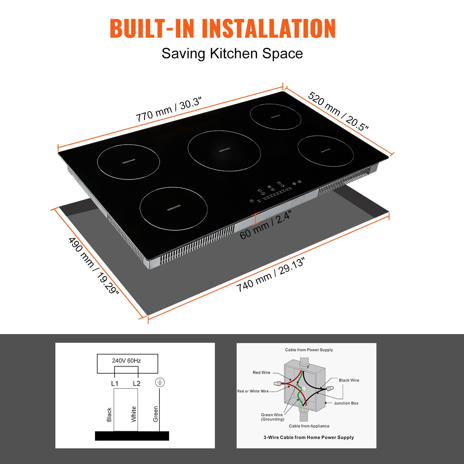 VEVOR Built-in Induction Electric Stove Top 30 Inch,5 Burners Electric Cooktop,9 Power Levels & Sensor Touch Control,Easy to Clean Ceramic Glass Surface,Child Safety Lock,240V