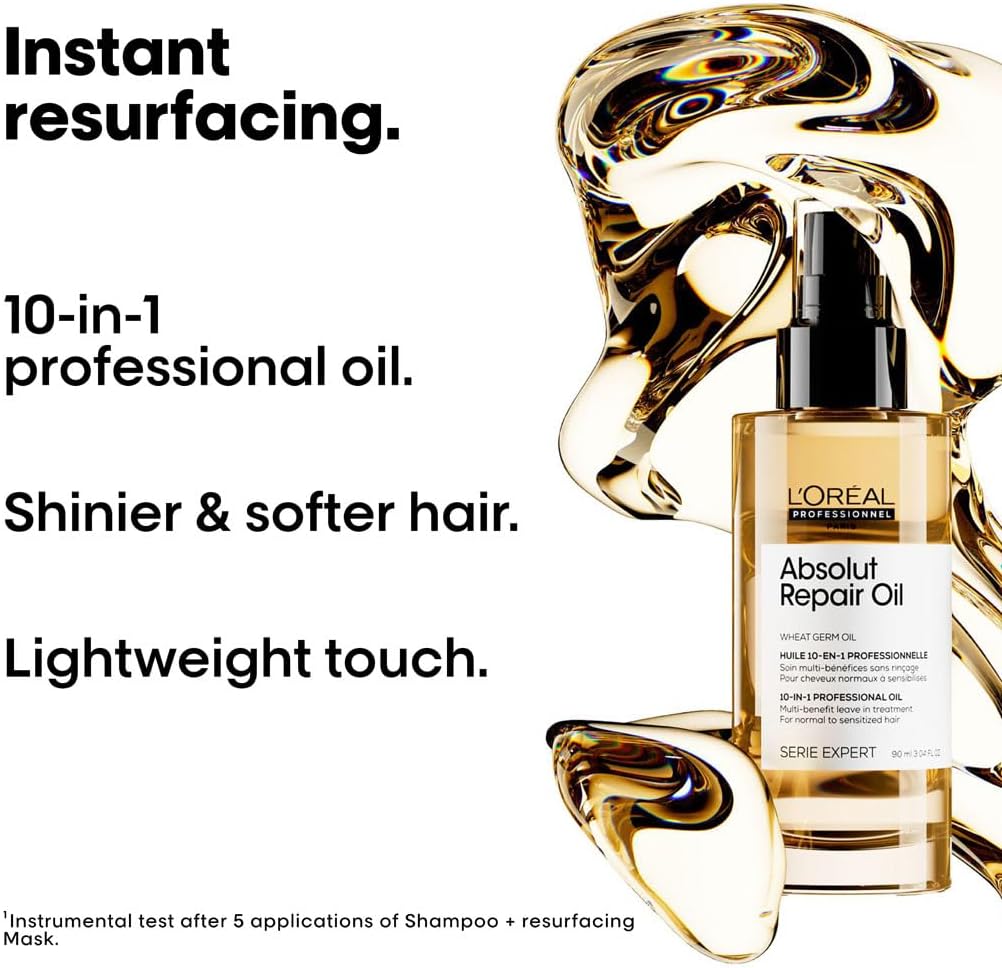 L’Oréal Professionnel | Absolut Repair Oil multi-benefit leave in treatment | For dry and damaged hair | | Repairs & Hydrates Dry, Damaged Hair | With Protein and Gold Quinoa | SERIE EXPERT | 90ml