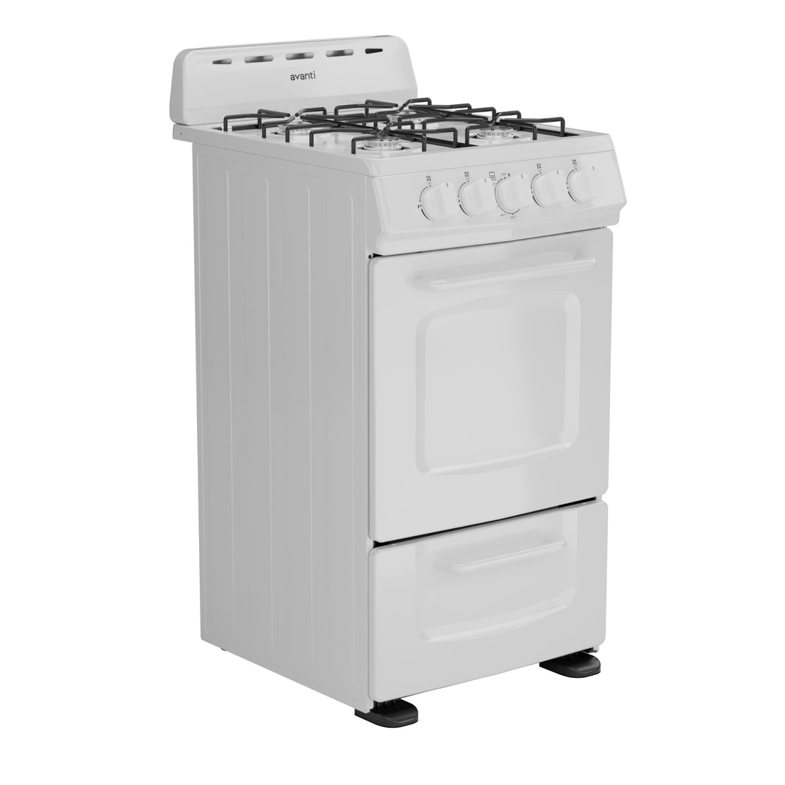 Avanti Gas Range Oven, Compact Freestanding Design, 4 Burners with Electronic Ignition, 2.1 Cu.Ft. Capacity Features Solid Door Storage Drawer Broiler and Accessories, 20-Inch, White