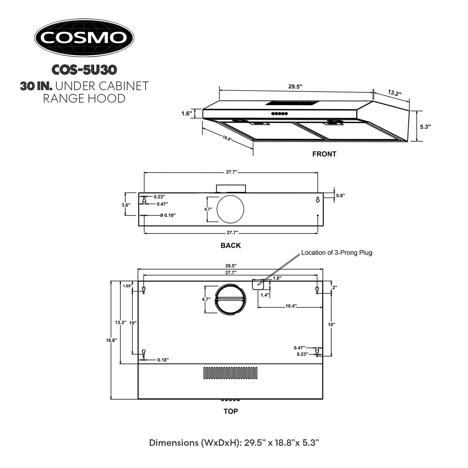 COSMO COS-5MU30 30 in. Delta Collection Ducted Under Cabinet Range Hood, Button Controls, Reusable Filters, LED Lights, Stainless Steel