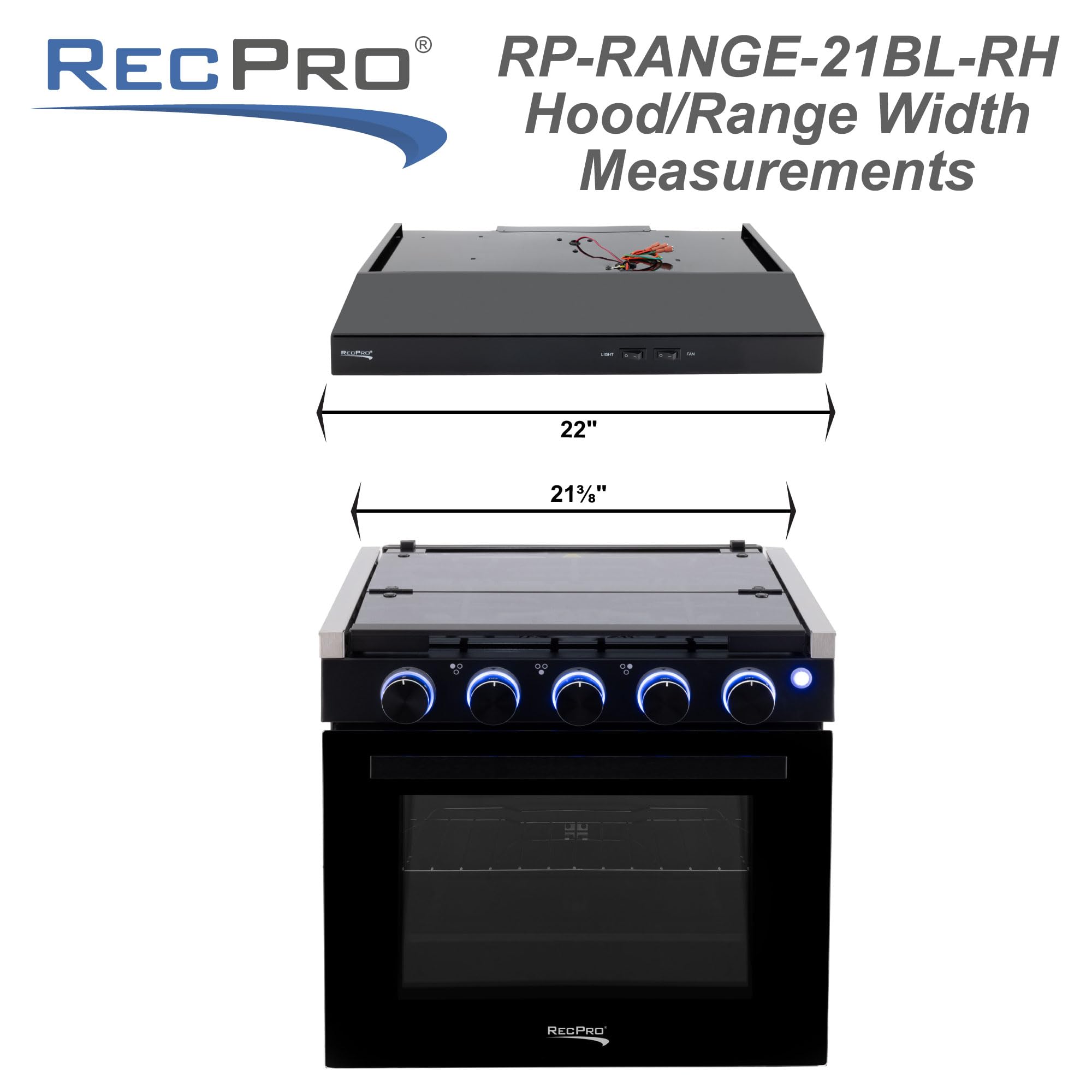 RecPro RV Stove | Gas Range 21" Tall | Optional Vented Range Hood | 3 Burner | 1.8 Cu. Ft | 7100 BTU | Black or Silver Color Options (Silver, No Vented Range Hood)