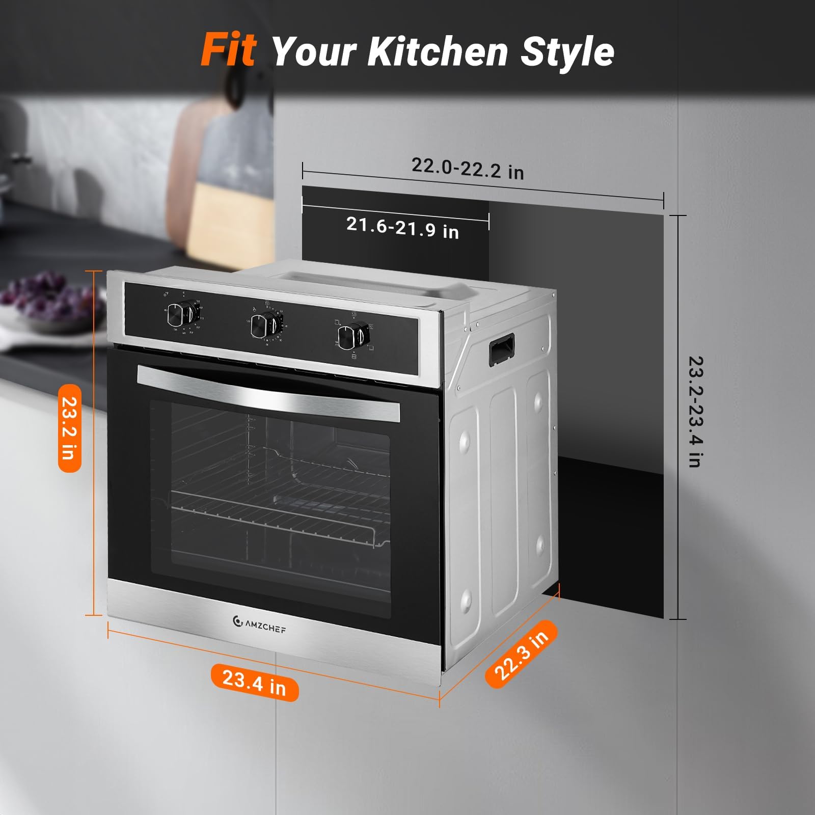 24" Single Wall Oven for Kitchen: 2200W Built-in Electric Wall Oven with Mechanical Knobs Control, 2.65 Cu.ft. Stainless Steel Wall Oven with 5 Cooking Modes, 360° ROTATING ROTISSERIE, Timer