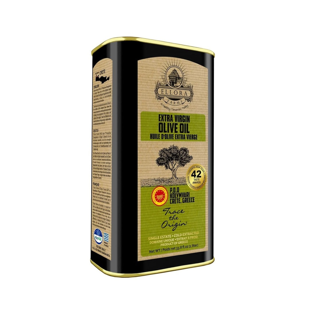 Ellora Farms Olive Oil Extra Virgin, Certified Single Estate PDO, Polyphenol Rich Extra Virgin Olive Oil Cold Pressed & Traceable, Global Gold Awards EVOO, Kosher, Crete, Greece 33.8 Fl oz (1 Ltr)