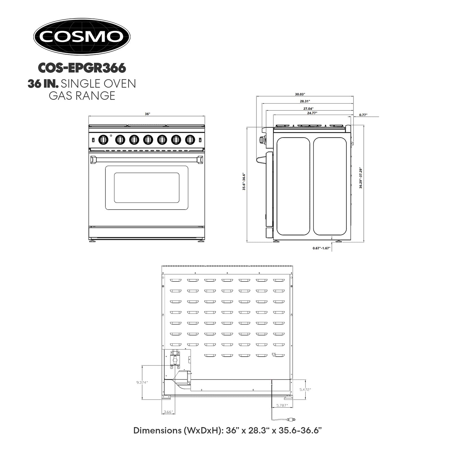 COSMO COS-EPGR366 36 in. Haven Collection 6.0 cu. ft. Gas Range, 6 Burners, Convection Oven, Knob LEDs, Storage Drawer, Stainless Steel
