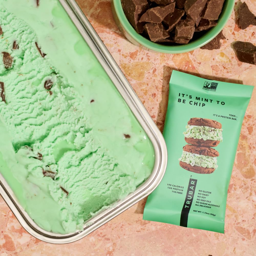TRUBAR Vegan Protein Bars - Soy Free, Dairy Free, Gluten Free Protein Bars - No Sugar Alcohols - Non-GMO - 12g of Protein - It's Mint To Be Chip - 12 Count