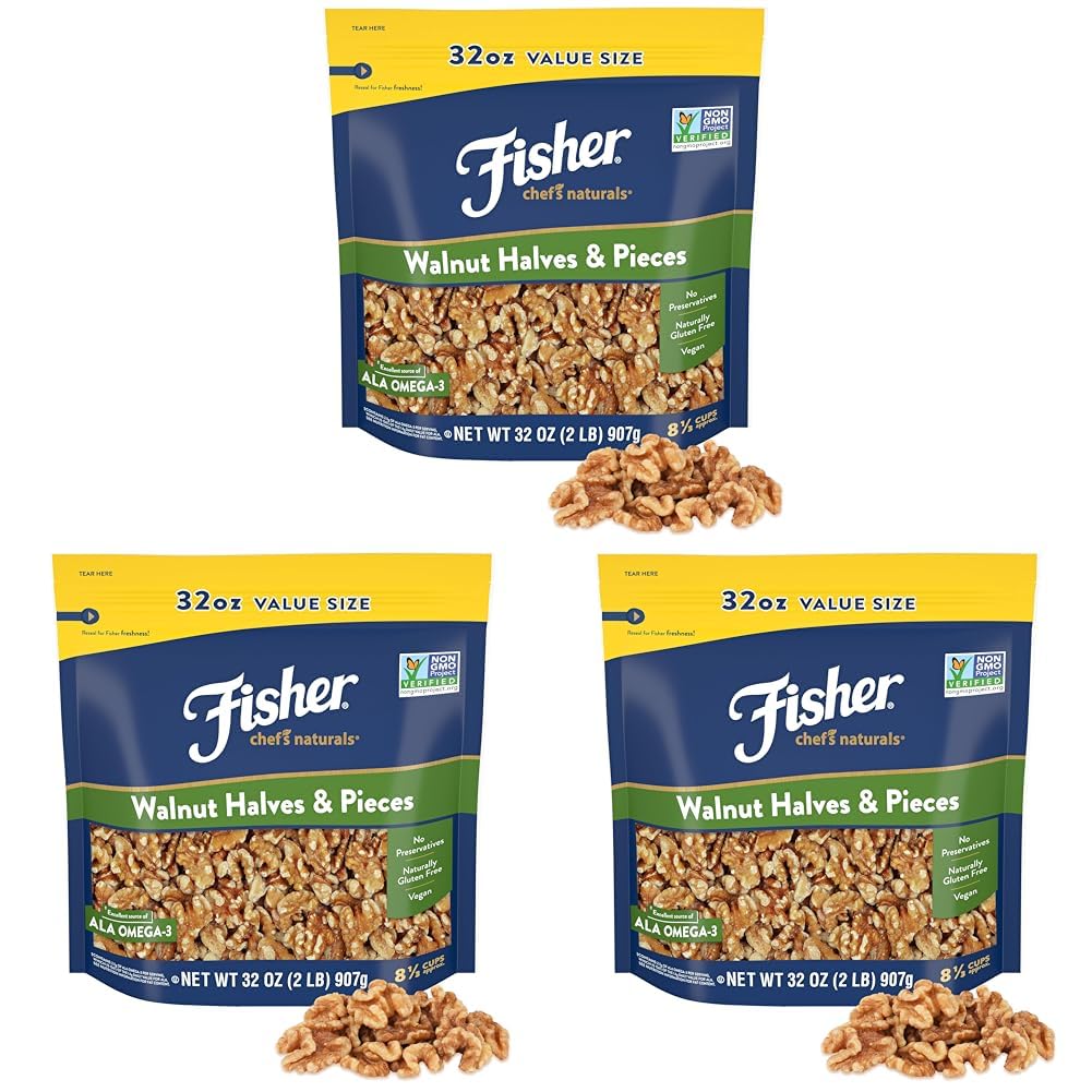 Fisher Chef's Naturals Walnut Halves & Pieces 2 lb, 100% California Unsalted Walnuts for Baking & Cooking, Healthy Snacks for Adults, Resealable Bag, Vegan Protein, Keto Snack, Chopped Nuts, Topping