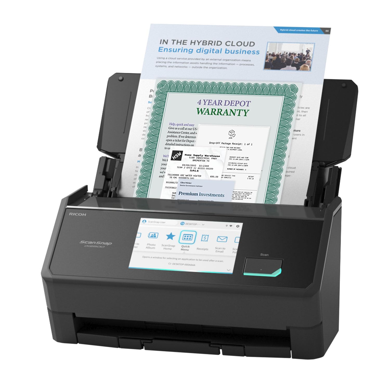 ScanSnap iX2500 Wireless or USB High-Speed Cloud Enabled Document, Photo & Receipt Scanner with Large 5" Touchscreen and 100 Page Auto Document Feeder for Mac or PC, Black