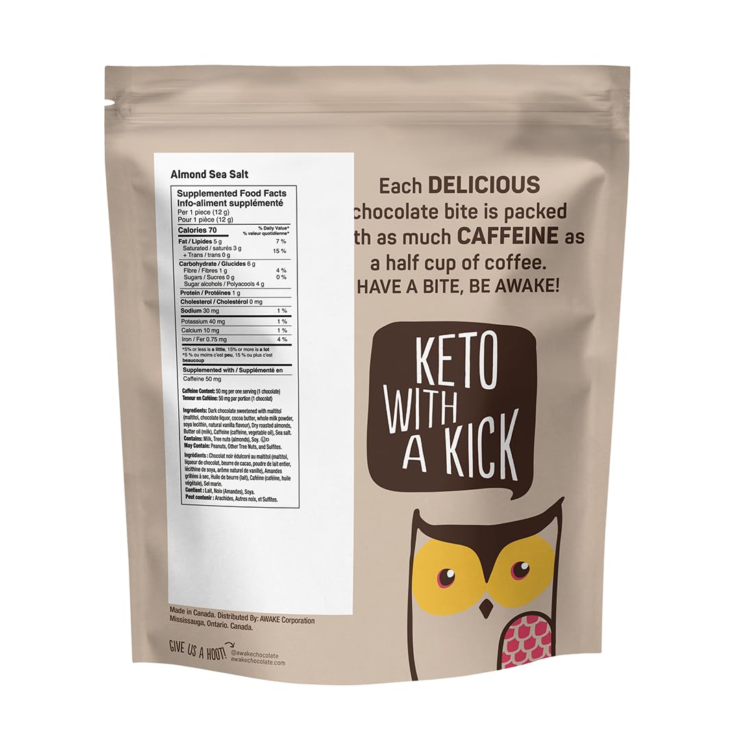 AWAKE - Caffeinated Chocolate Bites - Caramel Milk Chocolate, 50 Bites - 50mg Caffeine - Individually Wrapped Energy Bites - Coffee Alternative - Fairtrade, Gluten Free, Non GMO - 0.48oz
