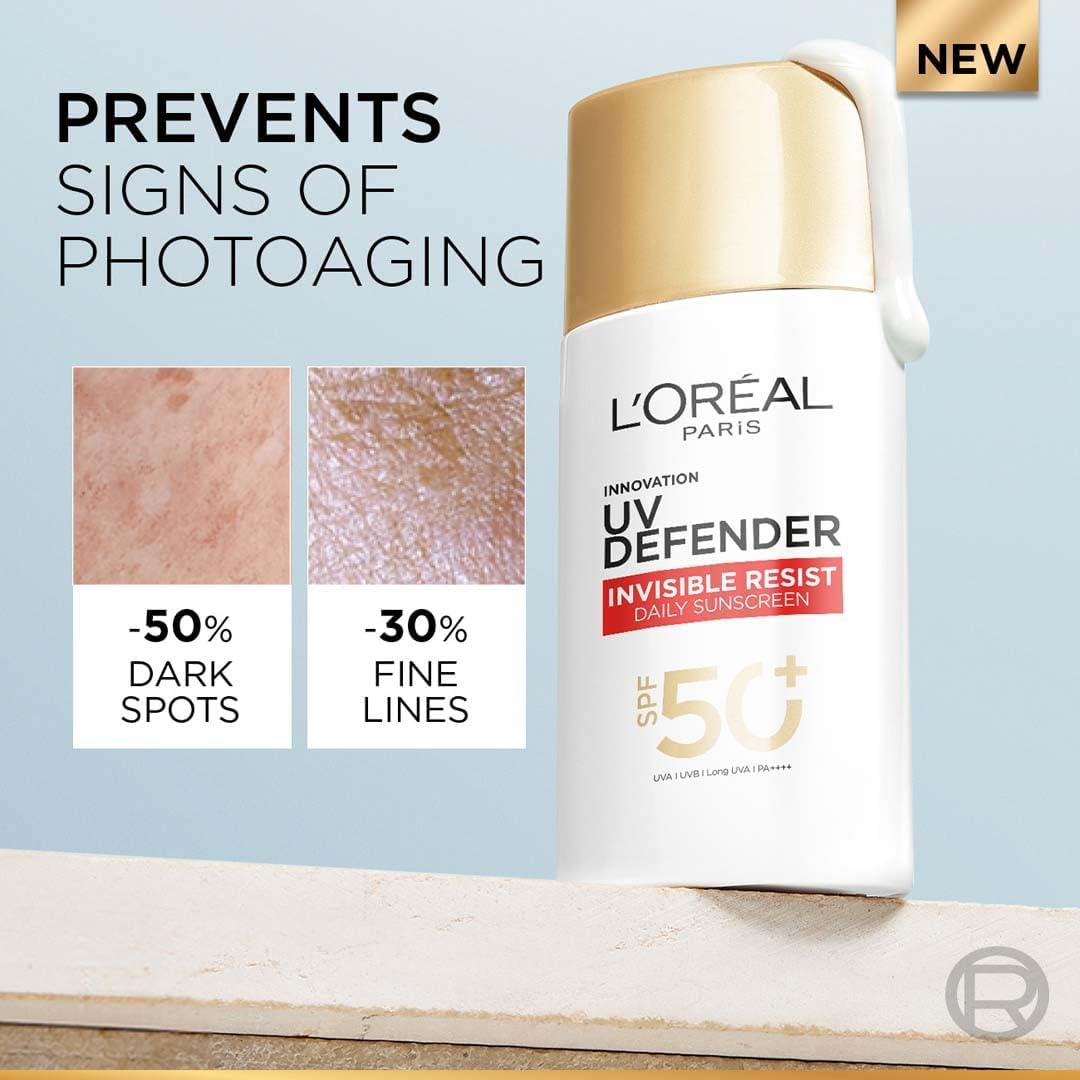 L’Oreal Paris Uv Defender Invisible Resist Daily Sunscreen Spf50+ Pa++++ 50Ml | Lightweight, Waterproof, Sweatproof & Protects From Pollution & Dust