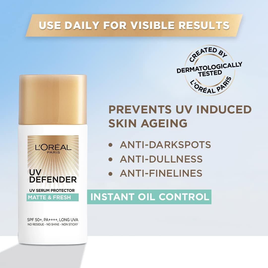 L’Oréal Paris UV Defender Serum Protector Sunscreen SPF 50 PA+++, Matte & Fresh, 50 ml (Pack of 1) ht Matte Sunscreen For Oily Skin | UVA & UVB Protection, 50 ml