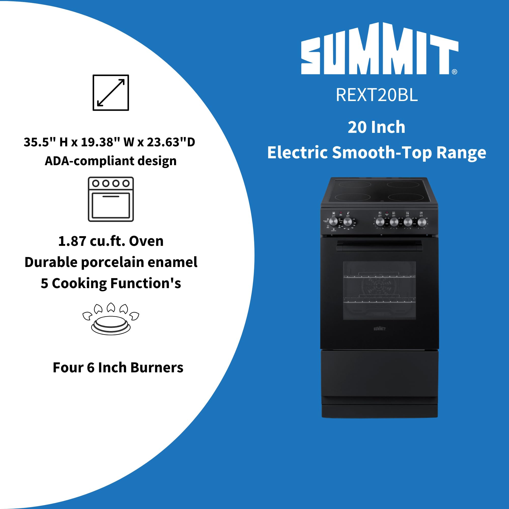 Summit 24” Electric Smooth Top Range, Large 2.44 cu.ft. oven. ADA Compliant, White- REXT24W