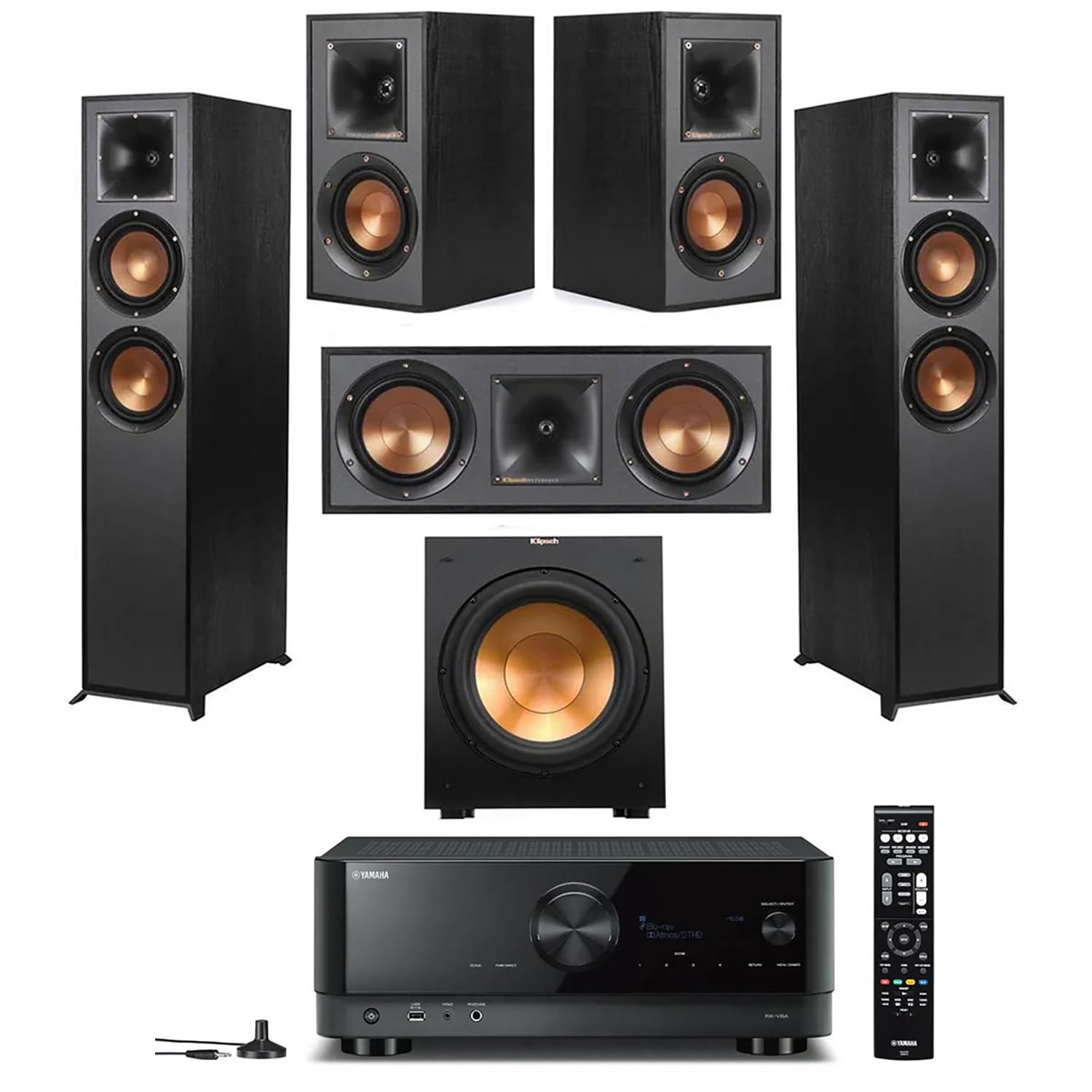 Klipsch Reference 5.1 Dolby Atmos Home Theater System with R-625FA Floorstanding Speakers, R-52C Center, R-41M Surrounds & R-12SW 12" Powered Subwoofer, Black (Speaker System + Subwoofer)
