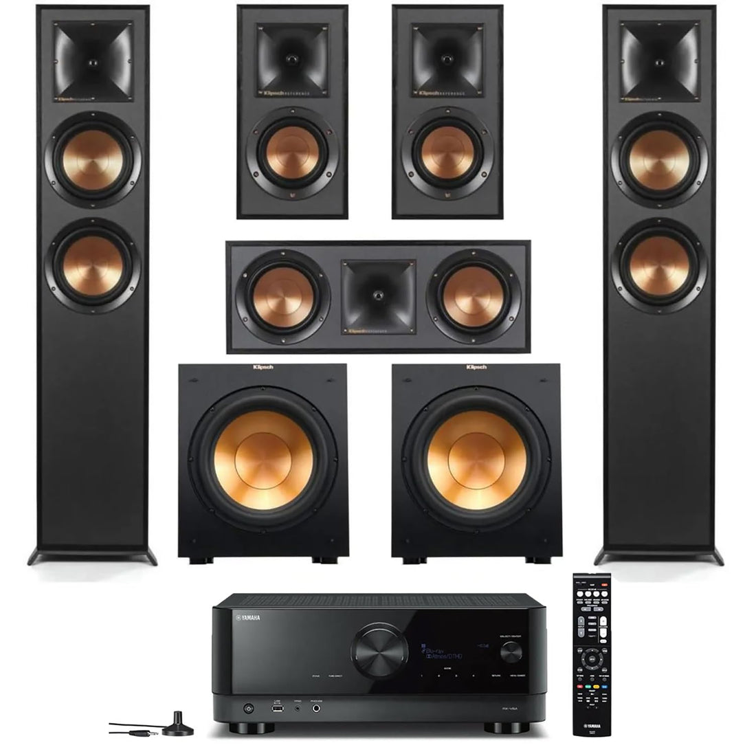 Klipsch Reference 5.2 Home Theater System, Bundle 2X R-625FA Floorstanding 2X R-12SW Subwoofer, R-52C Center, R-41M Bookshelf Speakers, and Yamaha RX-A2AB 7.2-Channel AV Receiver