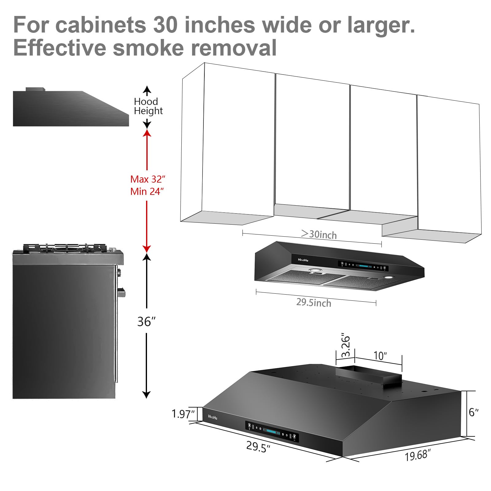 HisoHu 30 Inch Under Ducted Cabinet Range Hood with 1200 CFM, 4 Speed Gesture Sensing Kitchen Exhaust Hood & Touch Control Panel, Stainless Steel Stove Vent Hood with 2 LED Lights