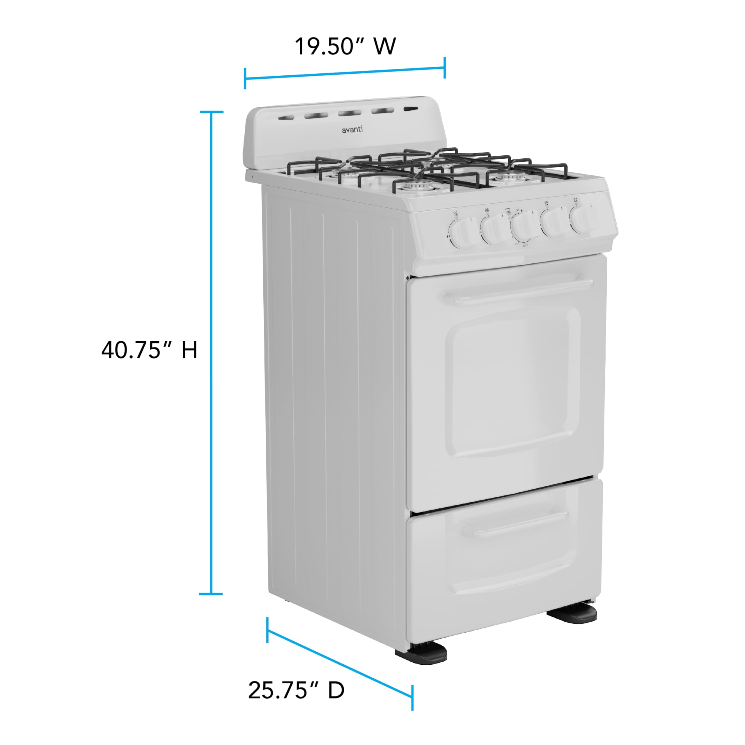 Avanti Gas Range Oven, Compact Freestanding Design, 4 Burners with Electronic Ignition, 2.1 Cu.Ft. Capacity Features Solid Door Storage Drawer Broiler and Accessories, 20-Inch, White