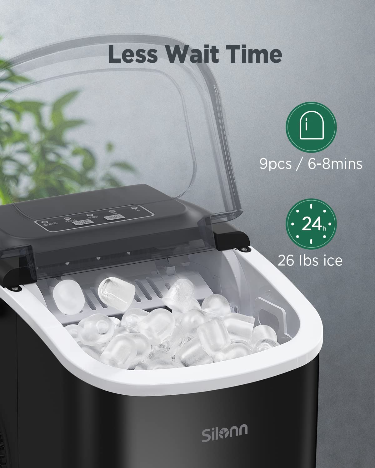 Silonn Ice Maker Countertop, Portable Ice Machine with Carry Handle, Self-Cleaning Ice Makers with Basket and Scoop, 9 Cubes in 6 Mins, 26 lbs per Day, Ideal for Home, Kitchen, Camping, RV