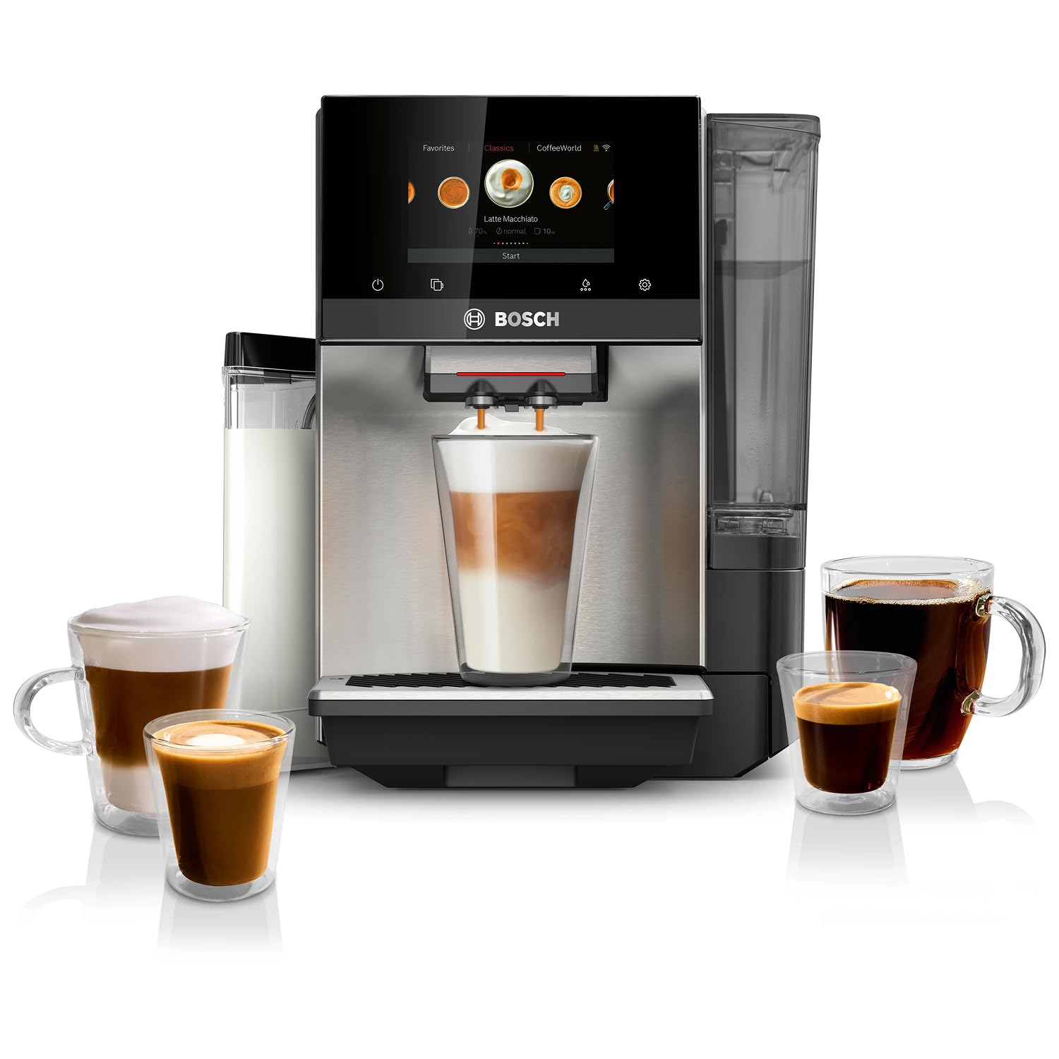 Bosch Fully Automatic Coffee and Espresso Machine - 36 Drinks, Double Cup Barista Style Super Coffee Maker - Touchscreen, Large Bean Capacity - Easy Clean, Maintenance - Silver - TQU60307