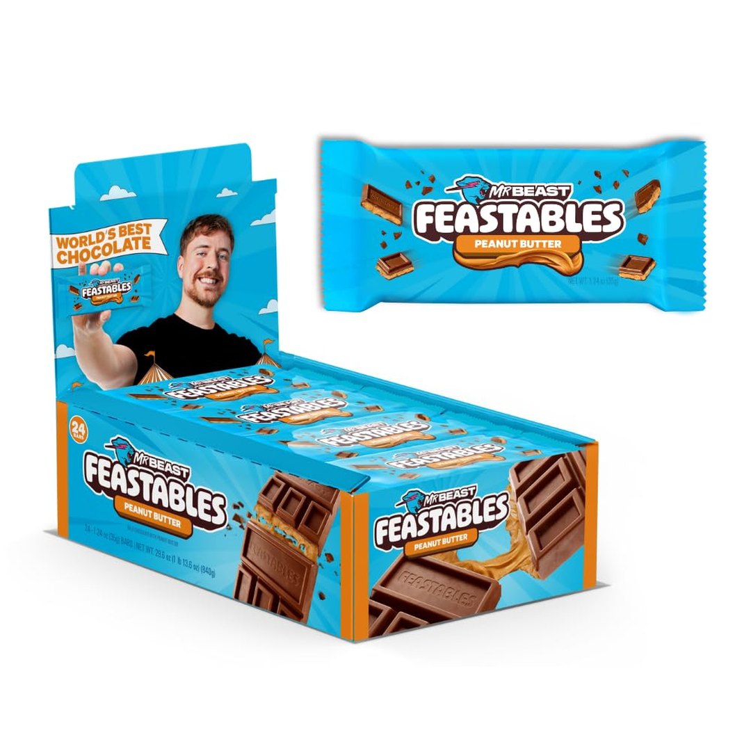 Feastables MrBeast Milk Chocolate Chocolate Bar, Full Size Bar for Adults & Kids, Candy Bars, Snacks, Gifts, or Dessert, Sweet & Creamy Fairtrade Cocoa, 1.24 Oz Each, 24 Count