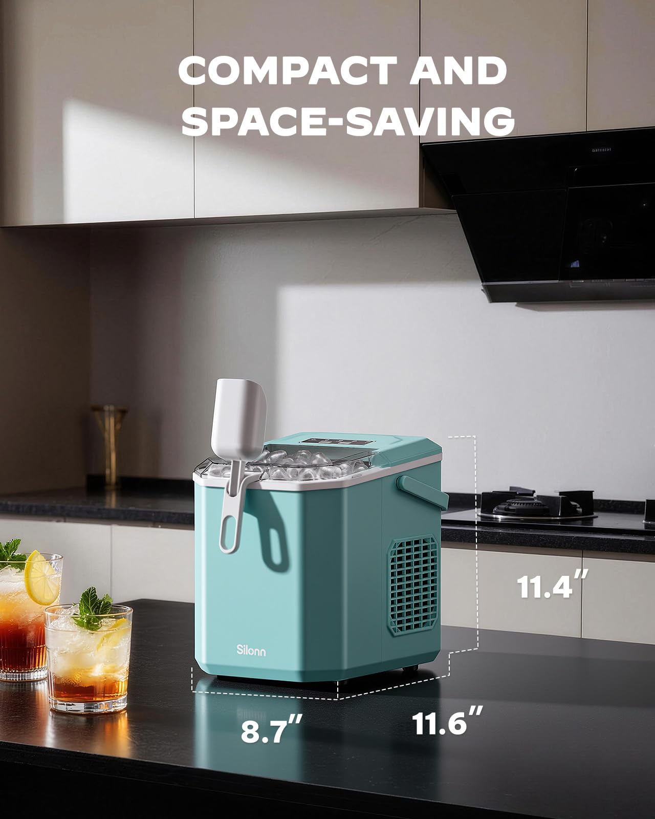 Silonn Ice Maker Countertop, Portable Ice Machine with Carry Handle, Self-Cleaning Ice Makers with Basket and Scoop, 9 Cubes in 6 Mins, 26 lbs per Day, Ideal for Home, Kitchen, Camping, RV
