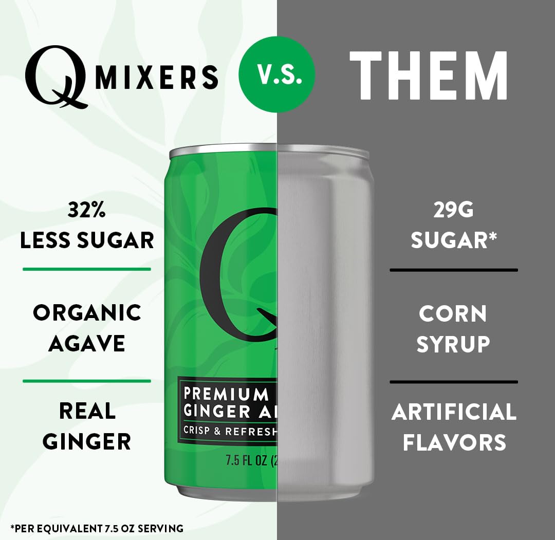 Q GINGER ALE with Real Ginger & Organic Agave - Ideal for Cocktails & Mocktails - Made with Real Ingredients, Perfectly Carbonated, & Less Sweet - 60 Calories per Can - 7.5 Fl oz Cans (Pack of 24)