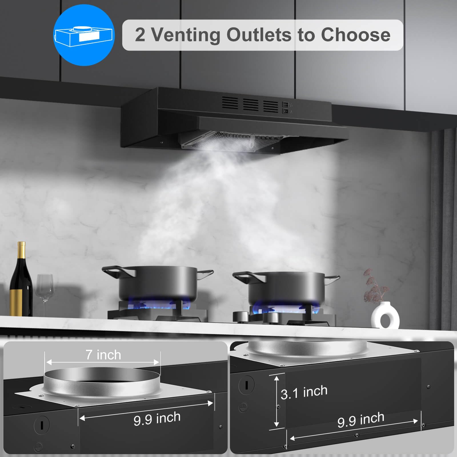 SNDOAS Range Hood 30 inch Under Cabinet, Ducted/Ductless Convertible Kitchen Hood, Stainless Steel Vent Hood with LED Light,Under Cabinet Hood with 2 Speed Exhaust Fan,Black