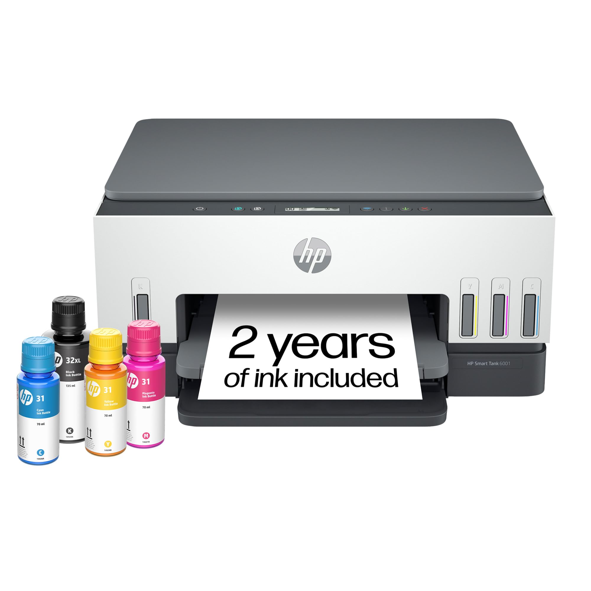 HP Smart Tank 6001 Wireless All-in-One Ink Tank Printer, Scanner, Copier with 2 Years of Ink Included, Best-for-Home, Cartridge-Free Refillable, AI-Enabled (2H0B9A)