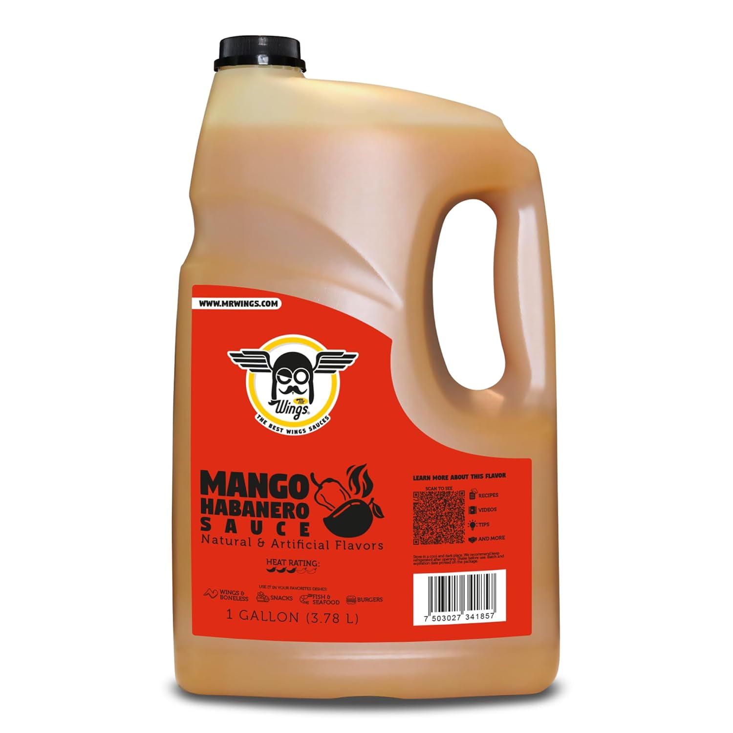 Mr Wings Sweet Mango Mild Sauce 1 Gallon (128 Fl Oz). Sweet and spicy delight, perfect for boneless, fries, drinks and your favorite snacks. Big sauce bulk.