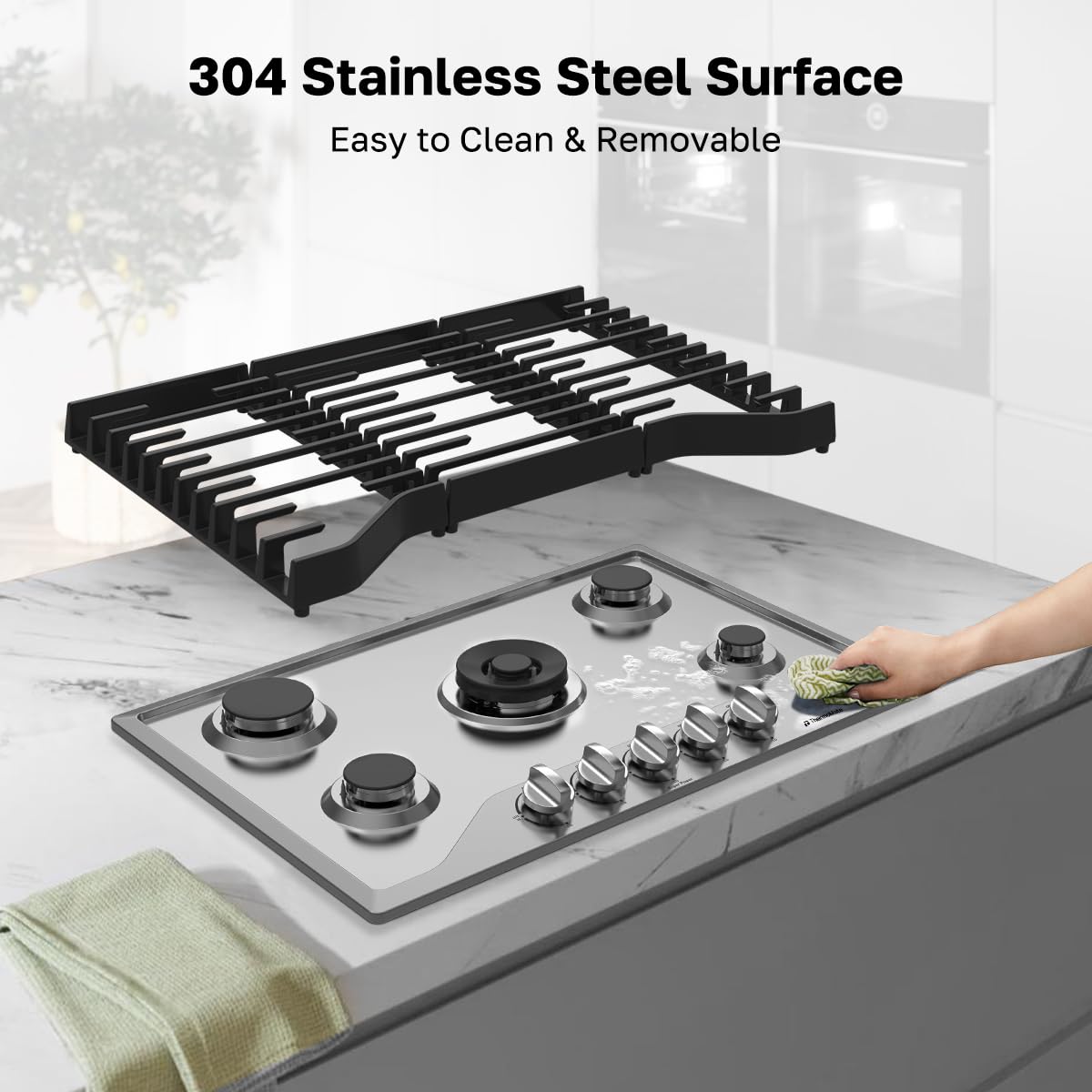 ThermoMate Heavy 36 Inch Gas Cooktop with 5 Italy Sabaf Power Burners, Built In Stove Top of 304 Stainless Steel, Gas Hob NG/LPG Convertible, Cooker with Thermocouple Protection CSA Certified